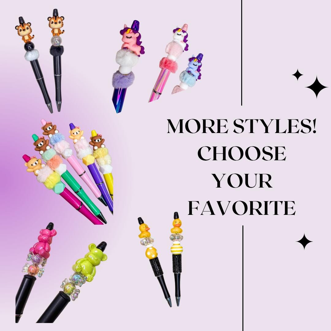 a variety of colorful and whimsical pens with different designs, including animal and character-themed designs.