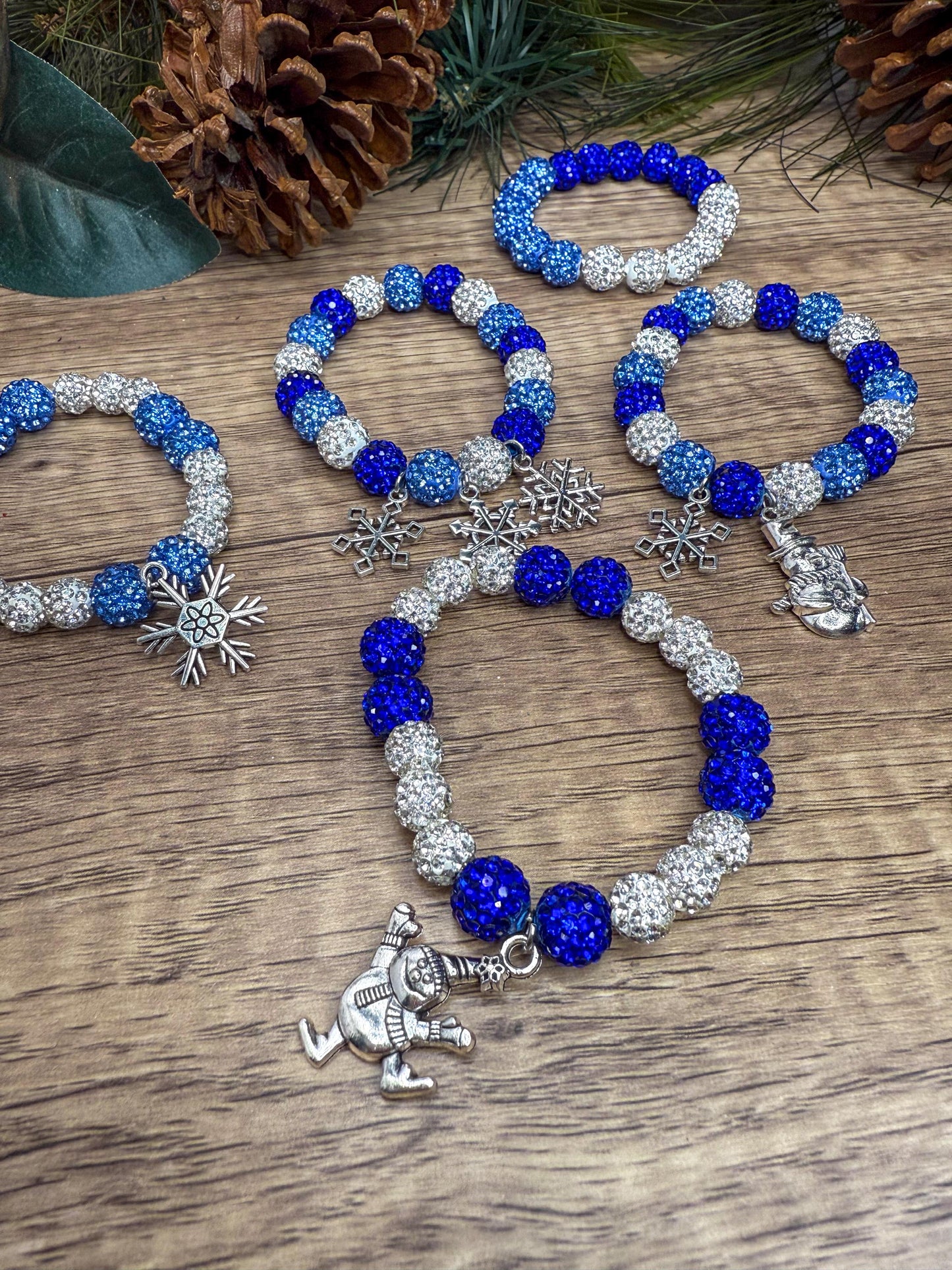 Winter Magic: Snowflake & Snowman Shamballa Bracelet - Stretchy, No Clasp Design