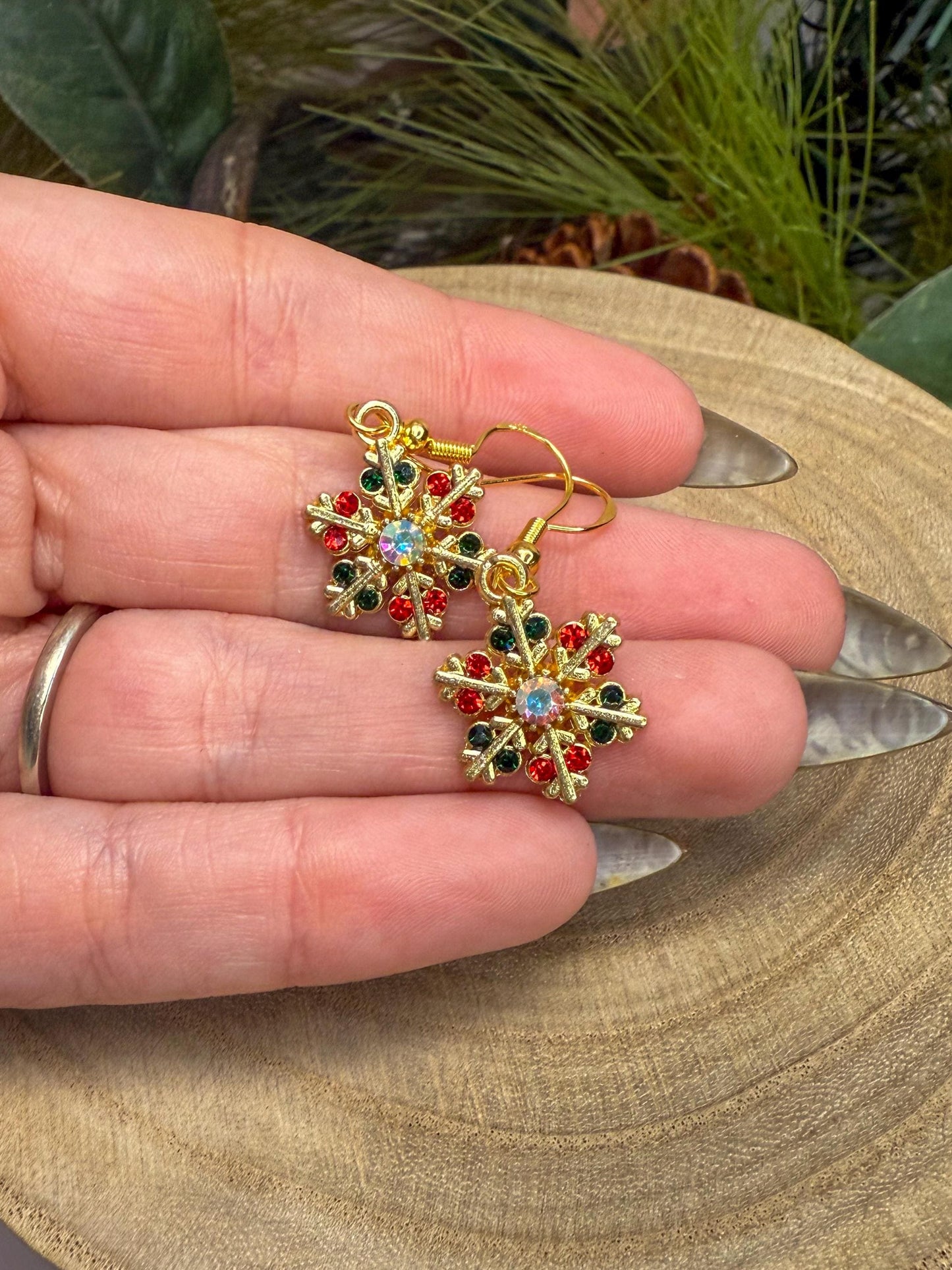 Red Green Snowflake Dangle Earrings