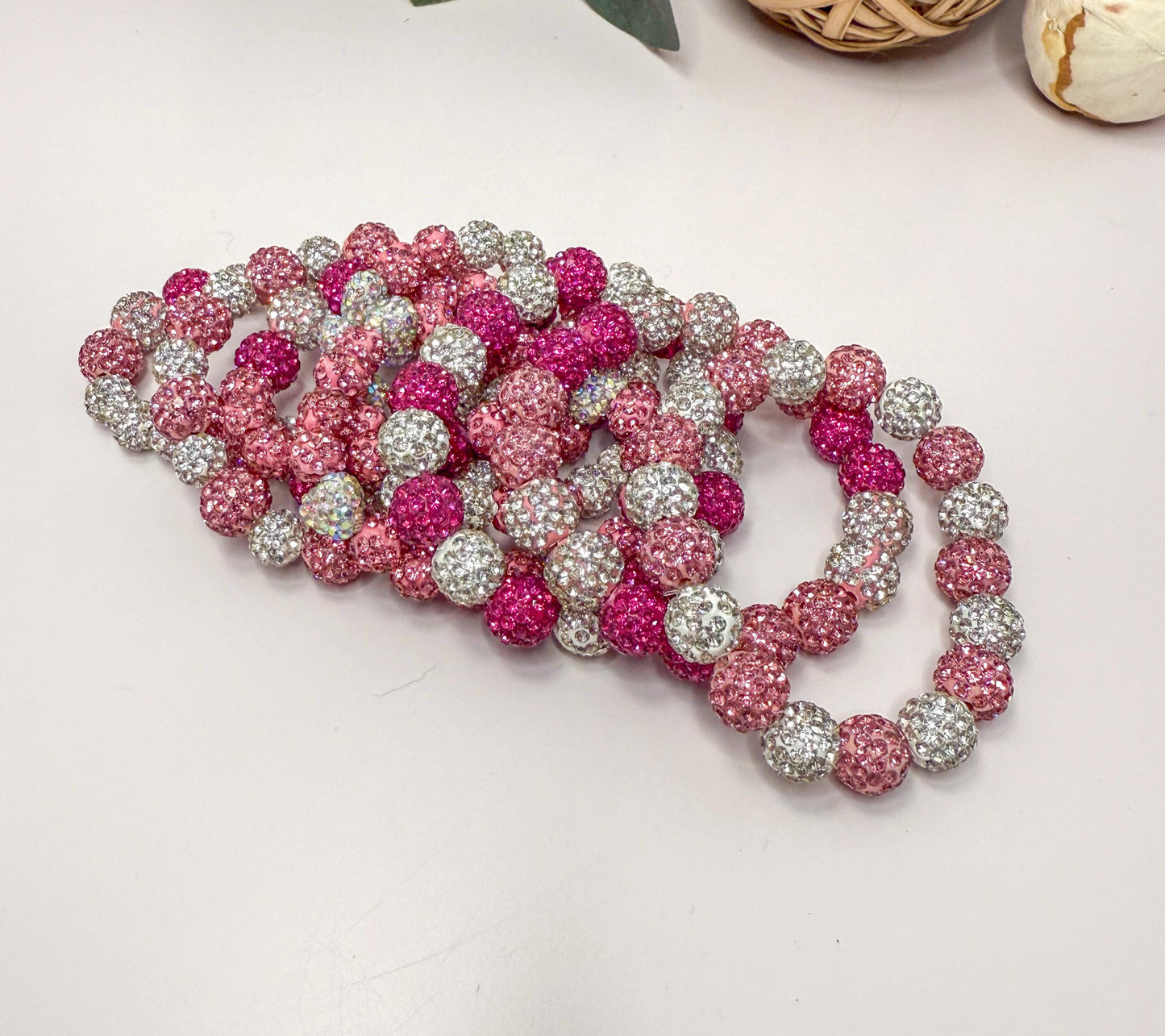 Shimmering Hearts: Pink & White Beaded Bracelet Collection - Stretchy, No Clasp Design
