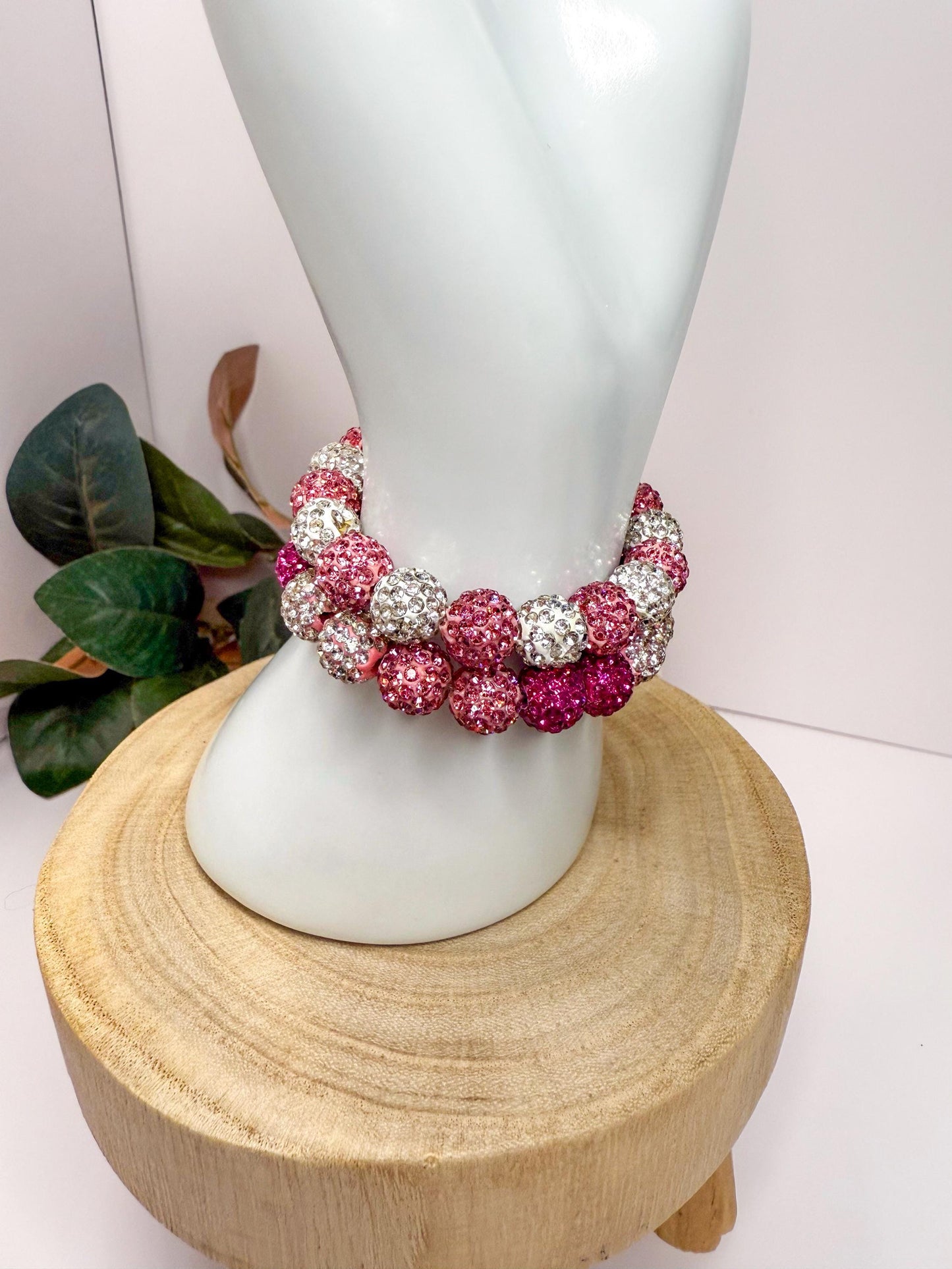 Shimmering Hearts: Pink & White Beaded Bracelet Collection - Stretchy, No Clasp Design