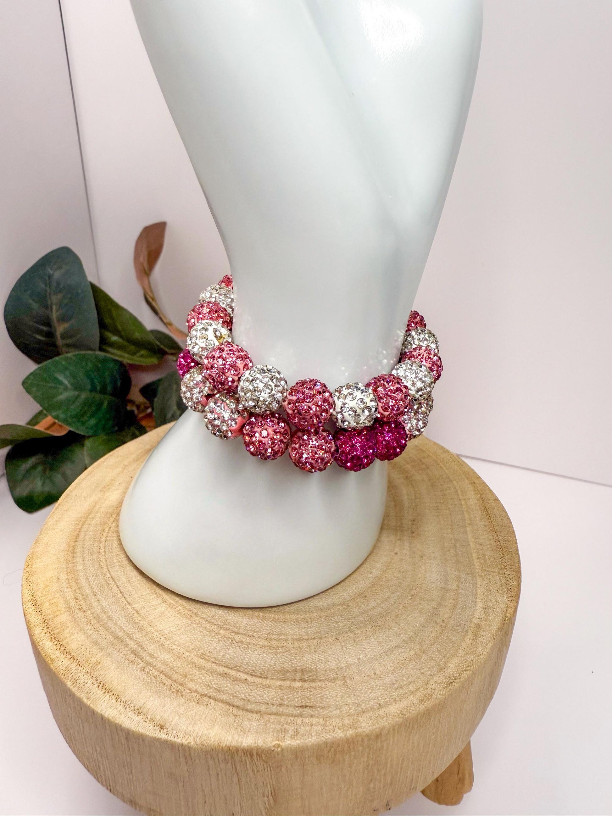 Shimmering Hearts: Pink & White Beaded Bracelet Collection - Stretchy, No Clasp Design