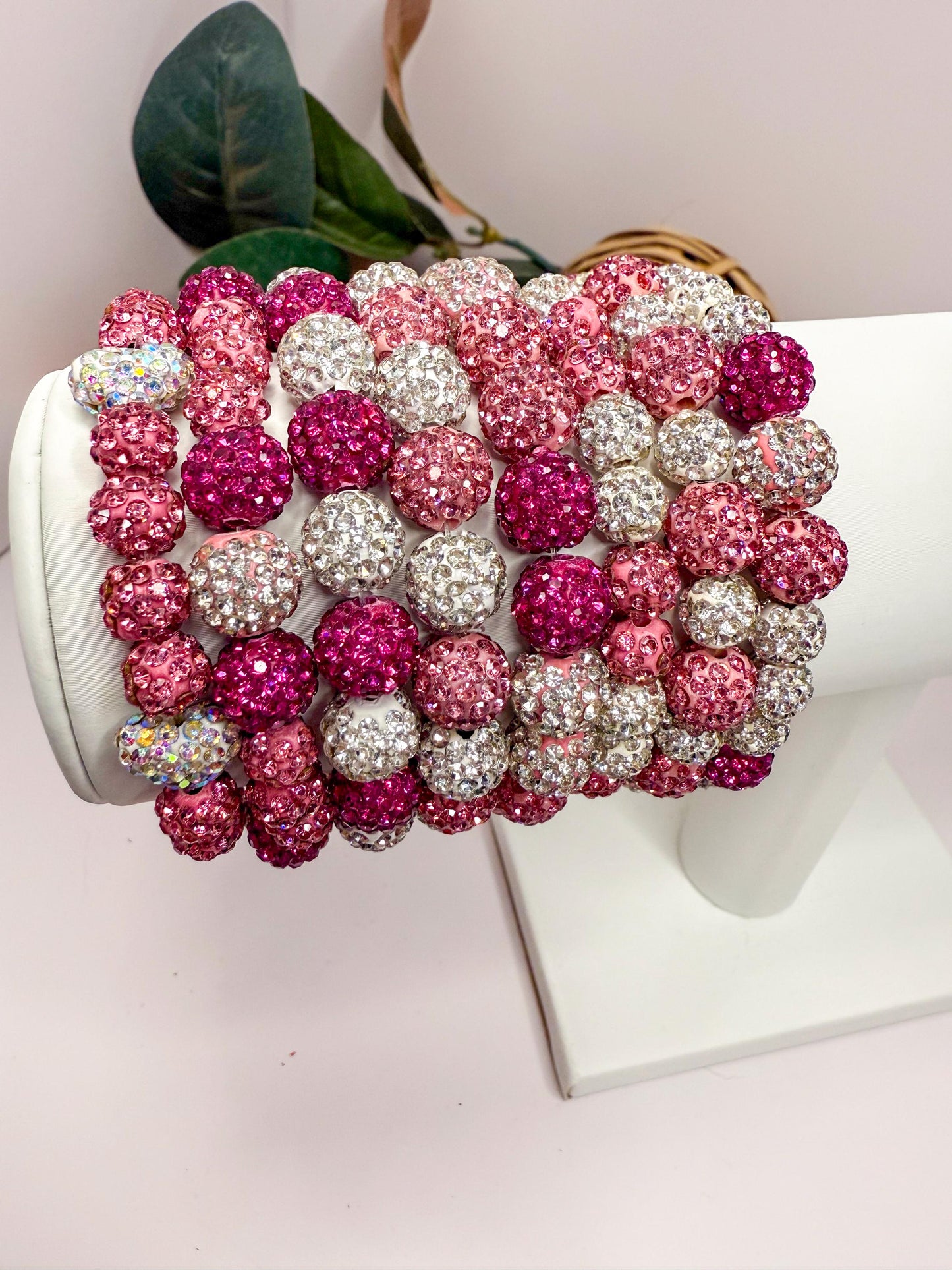 Shimmering Hearts: Pink & White Beaded Bracelet Collection - Stretchy, No Clasp Design