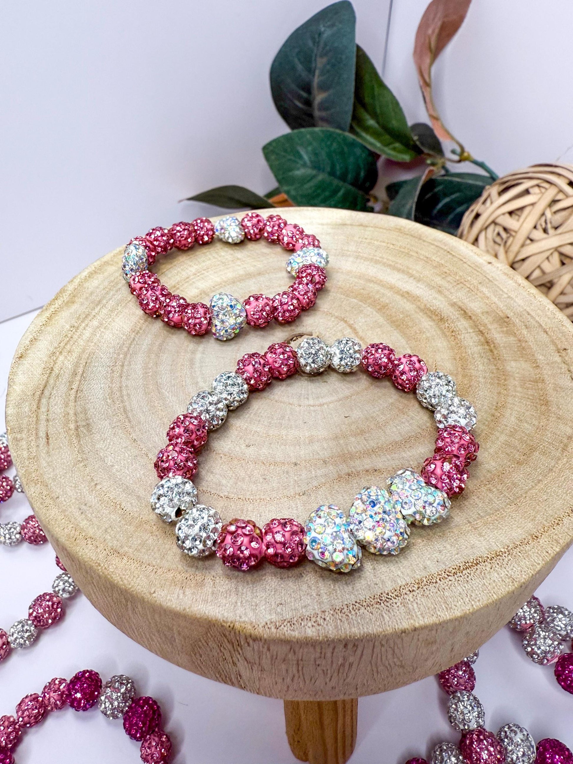 Shimmering Hearts: Pink & White Beaded Bracelet Collection - Stretchy, No Clasp Design