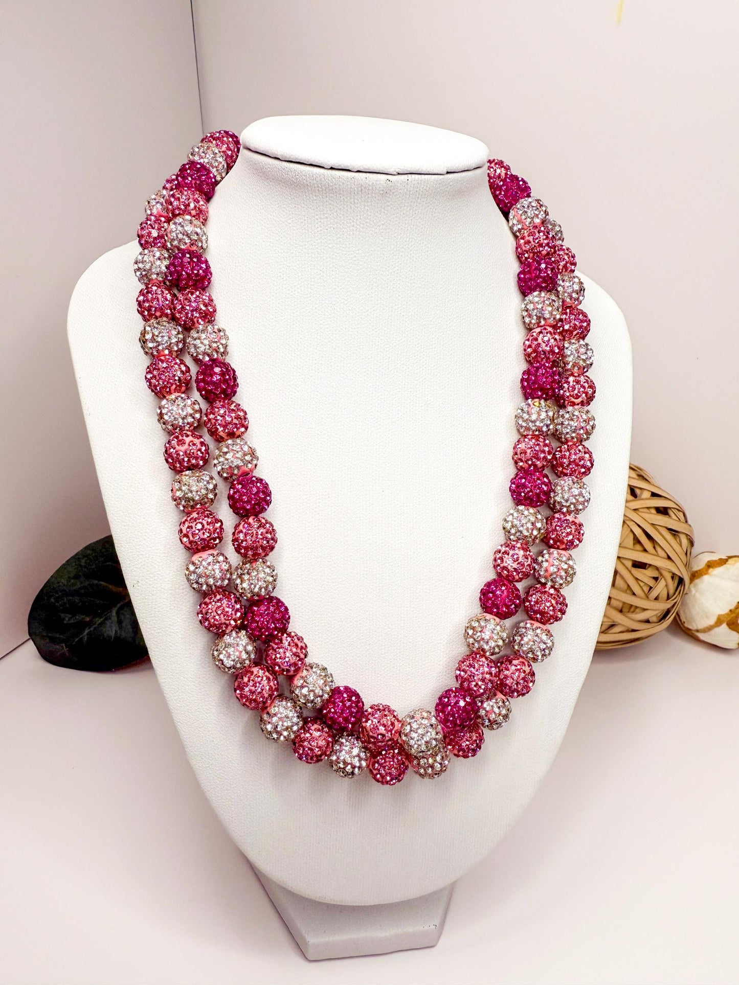 Pink Rhinestone Necklace, Heart Bead Shamballa Necklace, Stretchy No Clasp Jewelry, Sparkly Gift for Her