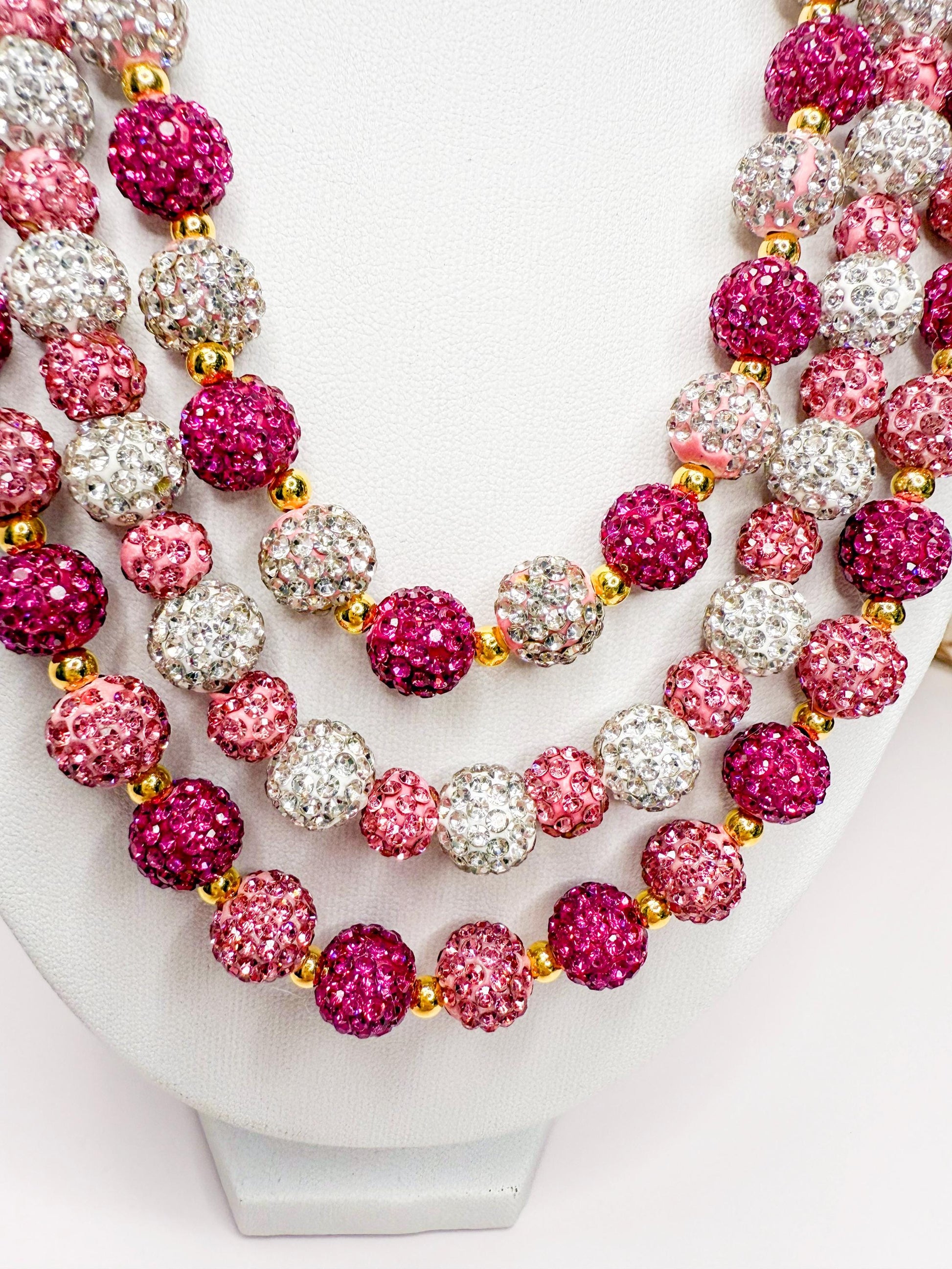 Pink Rhinestone Necklace, Heart Bead Shamballa Necklace, Stretchy No Clasp Jewelry, Sparkly Gift for Her