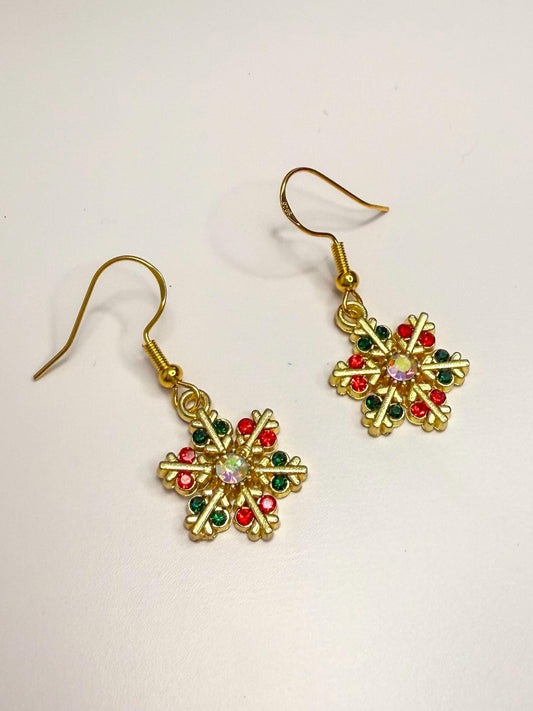 Holiday Vibes: Red & Green Snowflake Gemstone Earrings