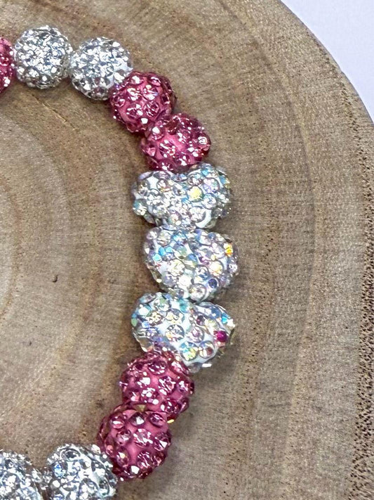 Shimmering Hearts: Pink & White Beaded Bracelet Collection - Stretchy, No Clasp Design