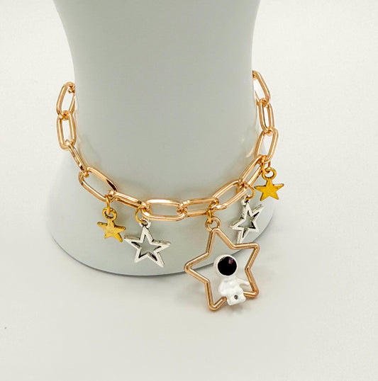 Space Explorer Charm Bracelet: Astronaut Meets Star- Mixed Metals - Adjustable Chain Bracelet - Choose your Charm - Spaceman & Star or Moon