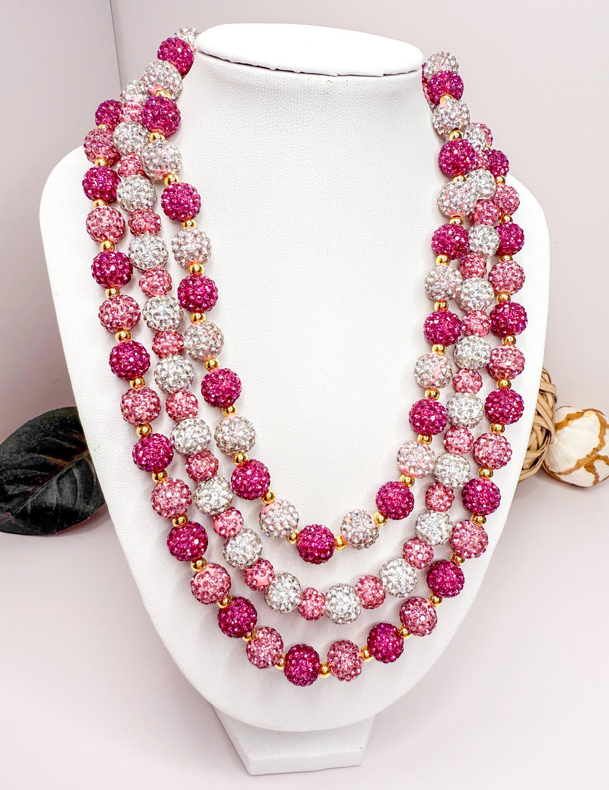 Pink Rhinestone Necklace, Heart Bead Shamballa Necklace, Stretchy No Clasp Jewelry, Sparkly Gift for Her