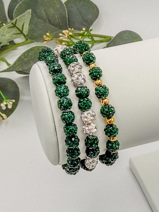 Stylish Green & White Bracelet with Shimmering Gold Spacers - 6mm Bead Size - Various Designs - Stretchy, No Clasp Design
