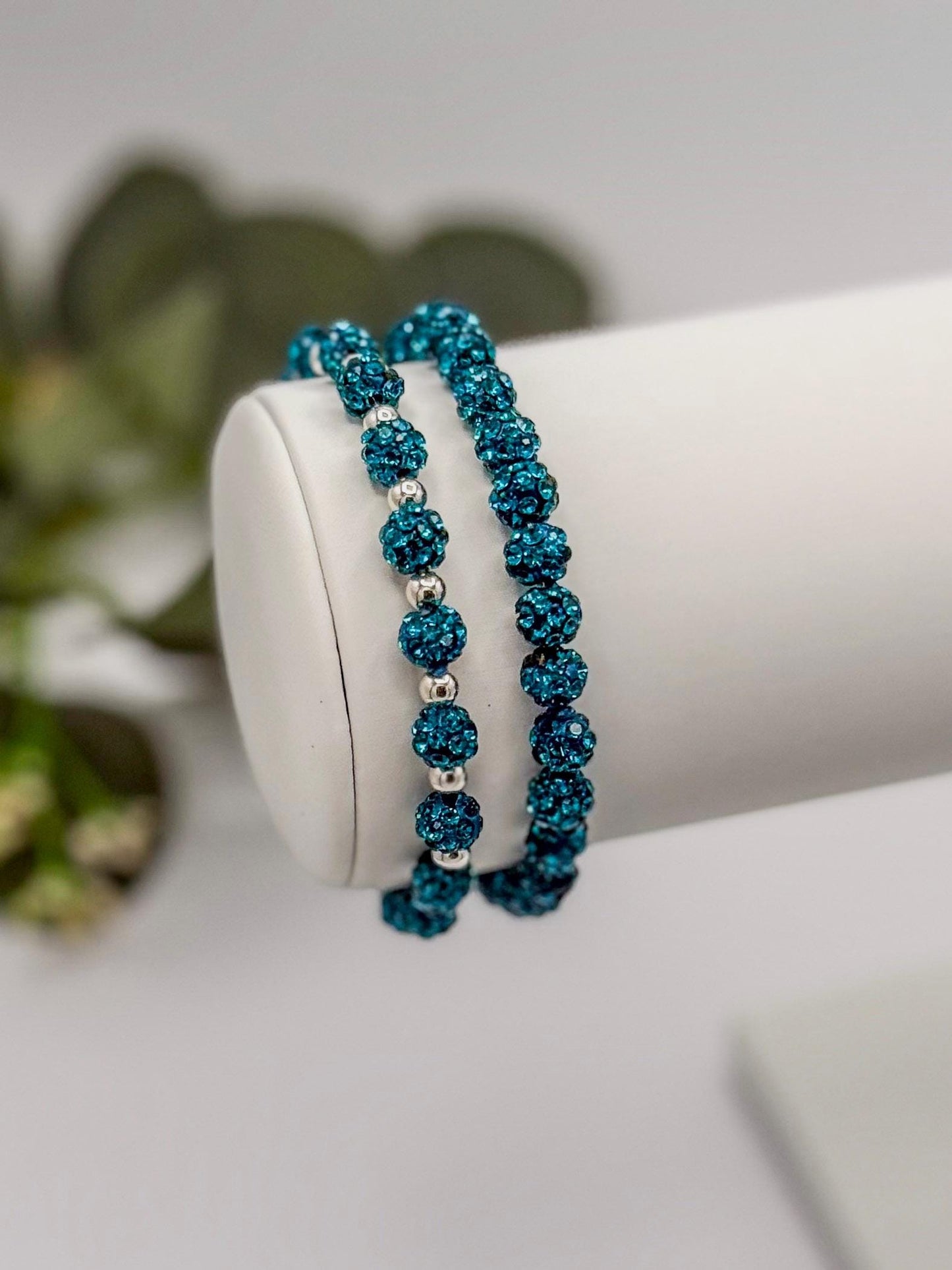 Trendy Teal Sparkly Bracelet: Rhinestones and Silver Spacers - 6mm Bead Size - Various Designs - Stretchy, No Clasp Design