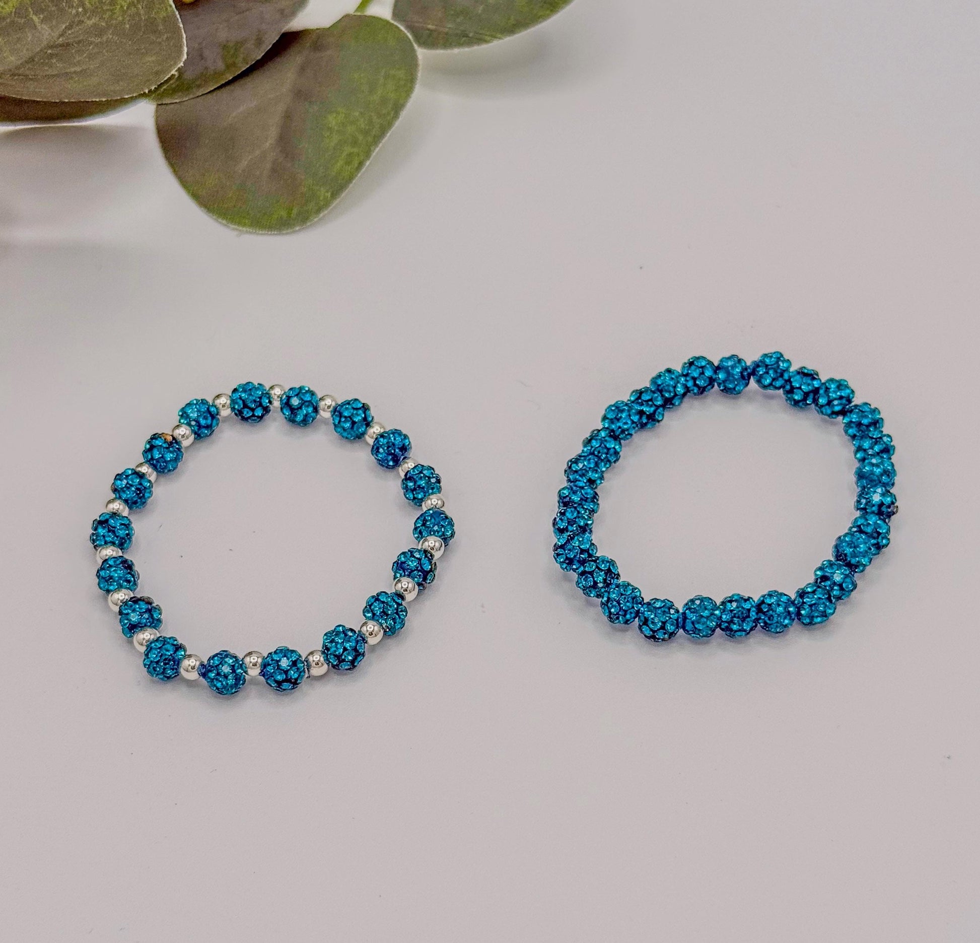 Trendy Teal Sparkly Bracelet: Rhinestones and Silver Spacers - 6mm Bead Size - Various Designs - Stretchy, No Clasp Design
