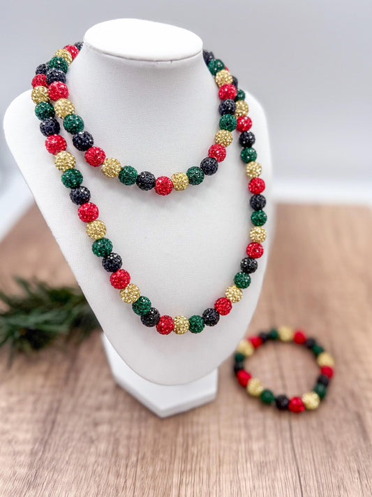 Sparkling Holiday Green/Yellow/Black Beaded Necklace-Bracelet Set
