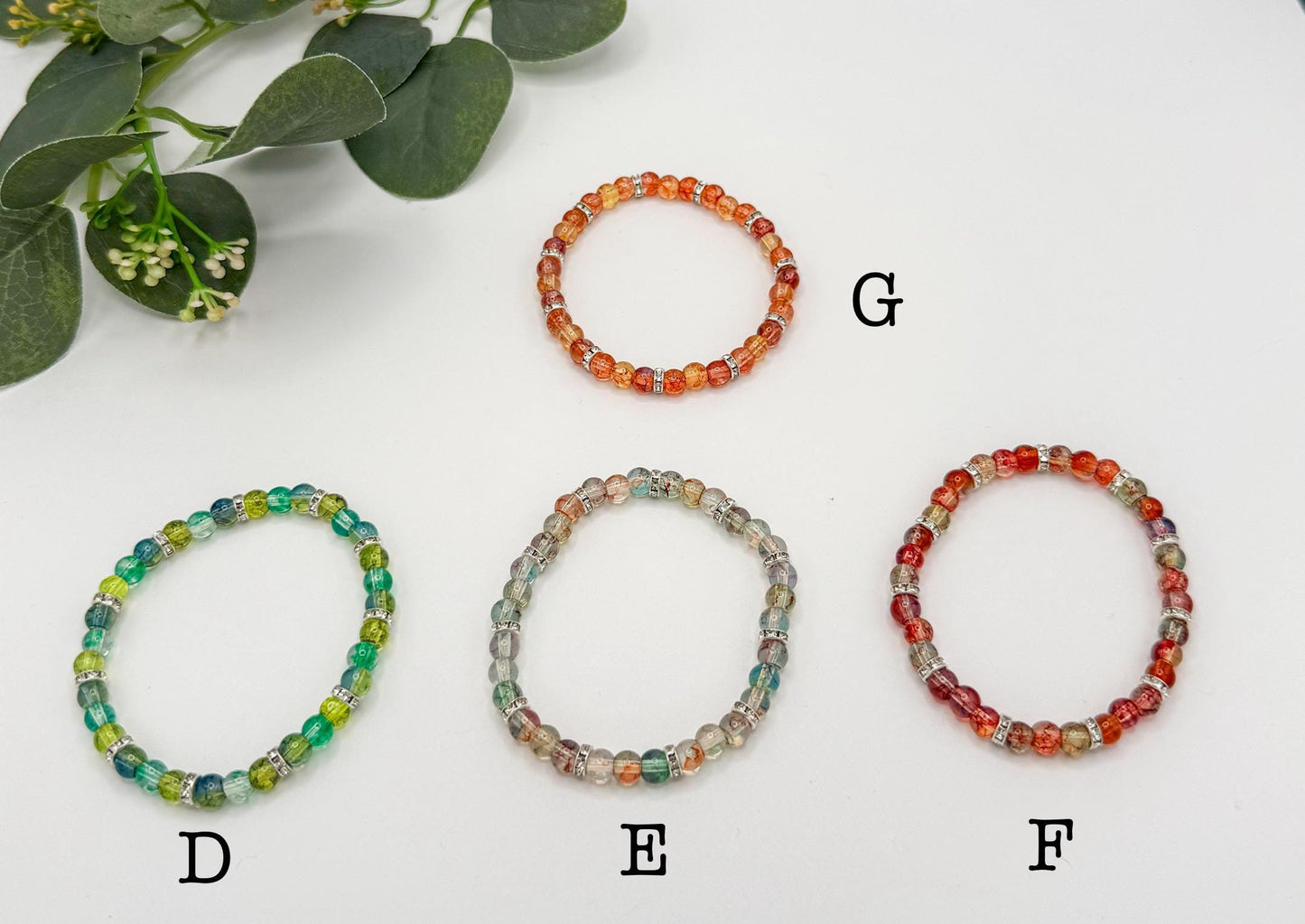 Artistic Watercolor Bracelets with Crystal Elegance- Various Colors- 6mm Glass Beads and Silver Spacers - Stretchy, No Clasp Design