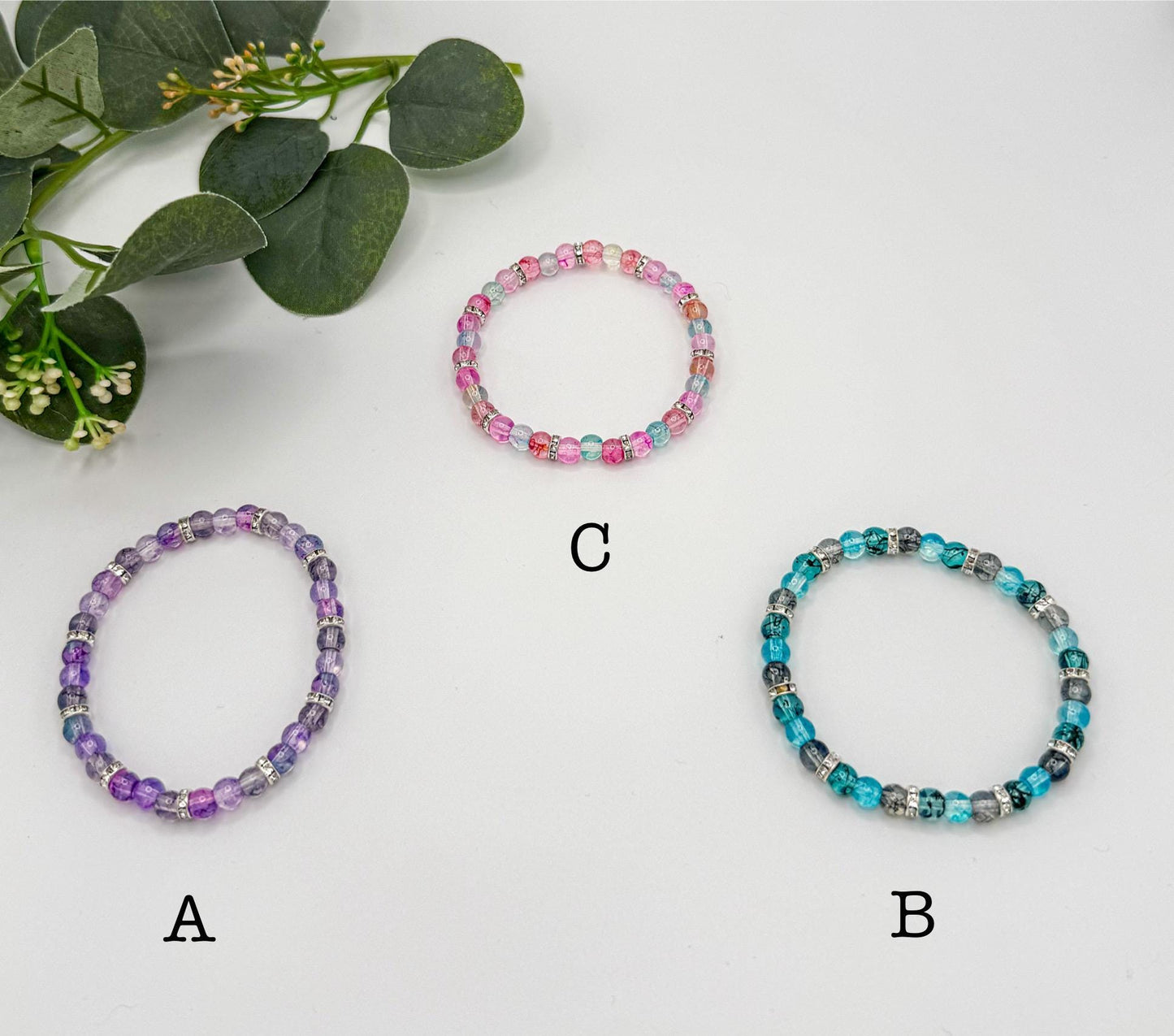 Artistic Watercolor Bracelets with Crystal Elegance- Various Colors- 6mm Glass Beads and Silver Spacers - Stretchy, No Clasp Design