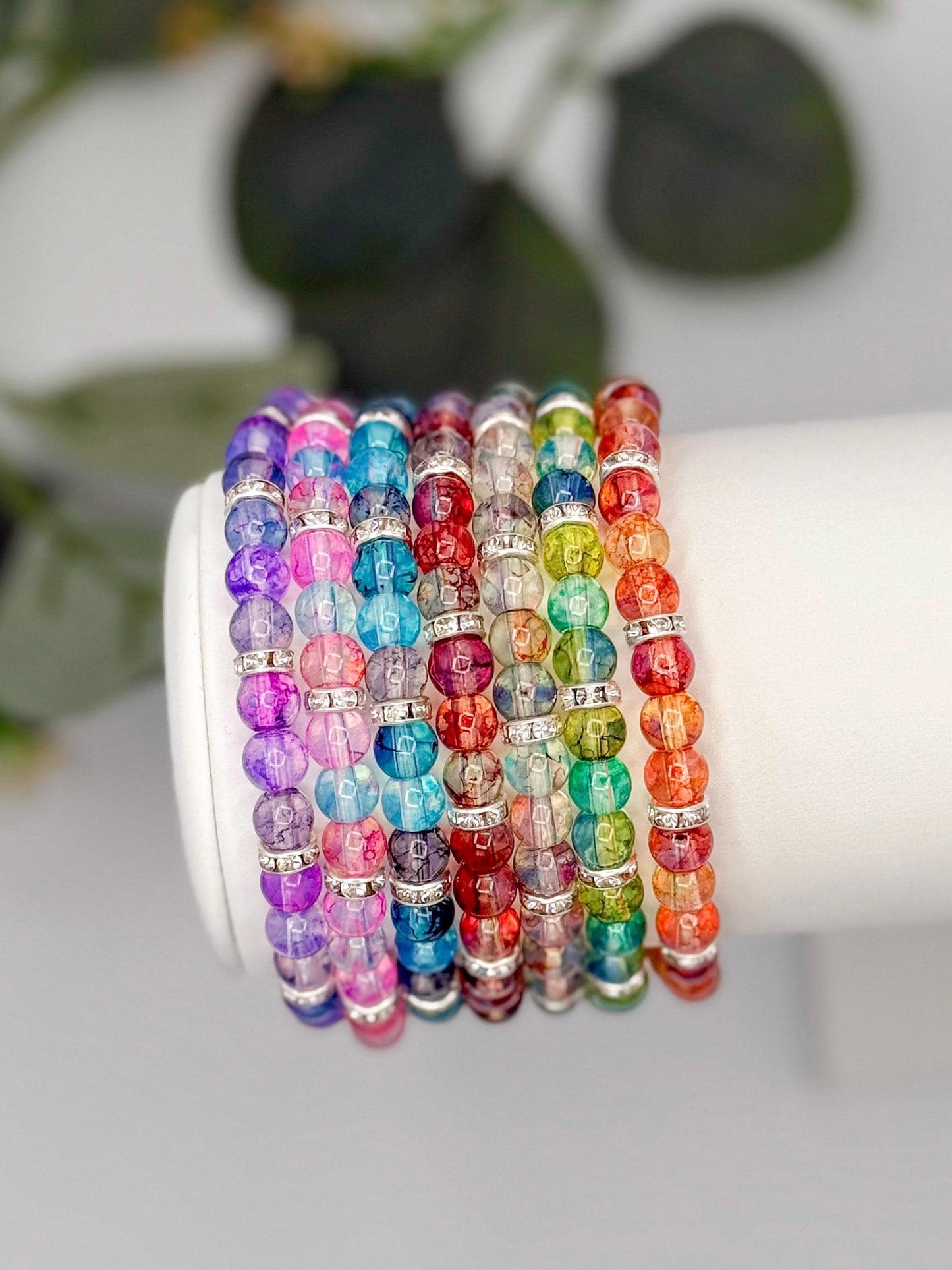 Artistic Watercolor Bracelets with Crystal Elegance- Various Colors- 6mm Glass Beads and Silver Spacers - Stretchy, No Clasp Design