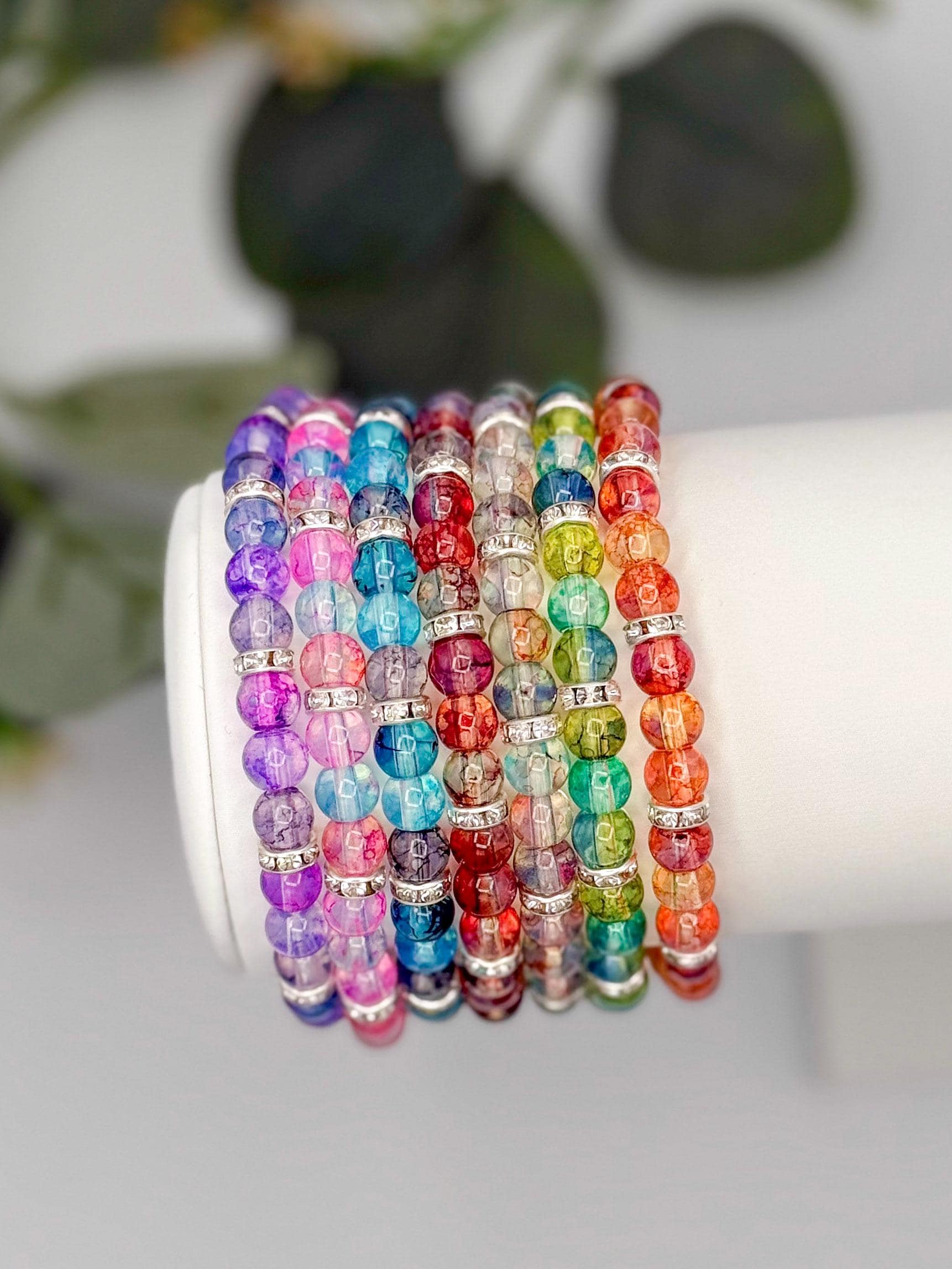 Artistic Watercolor Bracelets with Crystal Elegance- Various Colors- 6mm Glass Beads and Silver Spacers - Stretchy, No Clasp Design