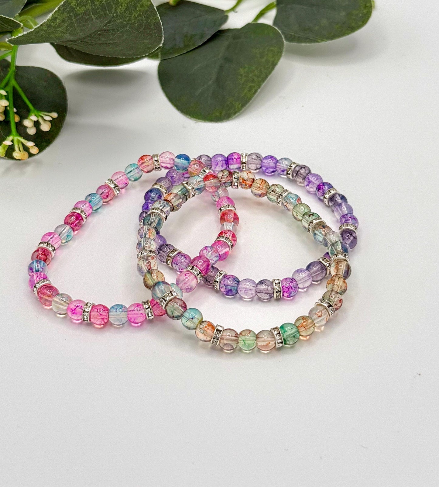 Artistic Watercolor Bracelets with Crystal Elegance- Various Colors- 6mm Glass Beads and Silver Spacers - Stretchy, No Clasp Design