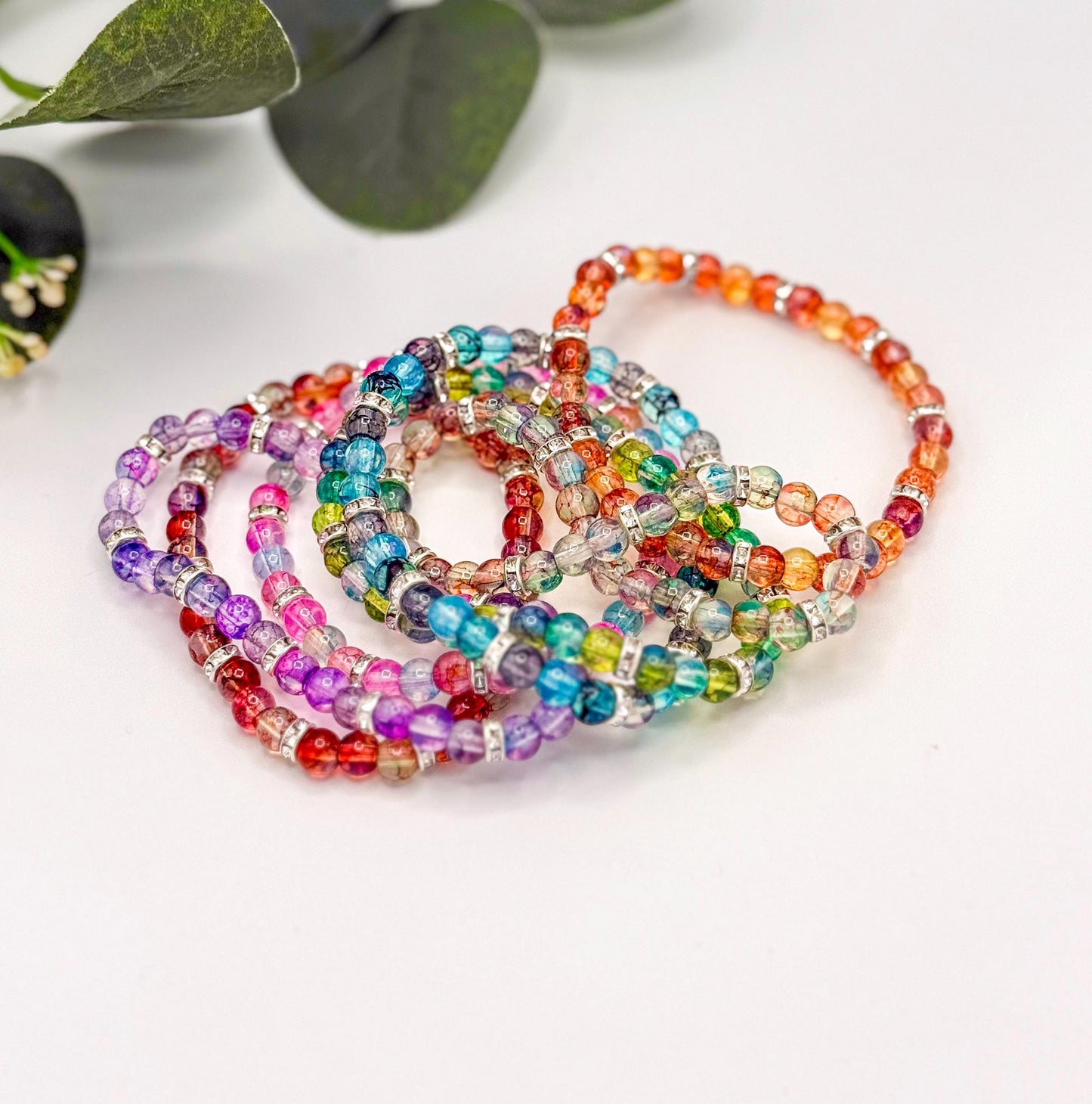 Artistic Watercolor Bracelets with Crystal Elegance- Various Colors- 6mm Glass Beads and Silver Spacers - Stretchy, No Clasp Design