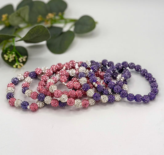 Spring Shine: Unique Rhinestone Beaded Bracelets- Pink Purple White - Stretchy, No Clasp Design
