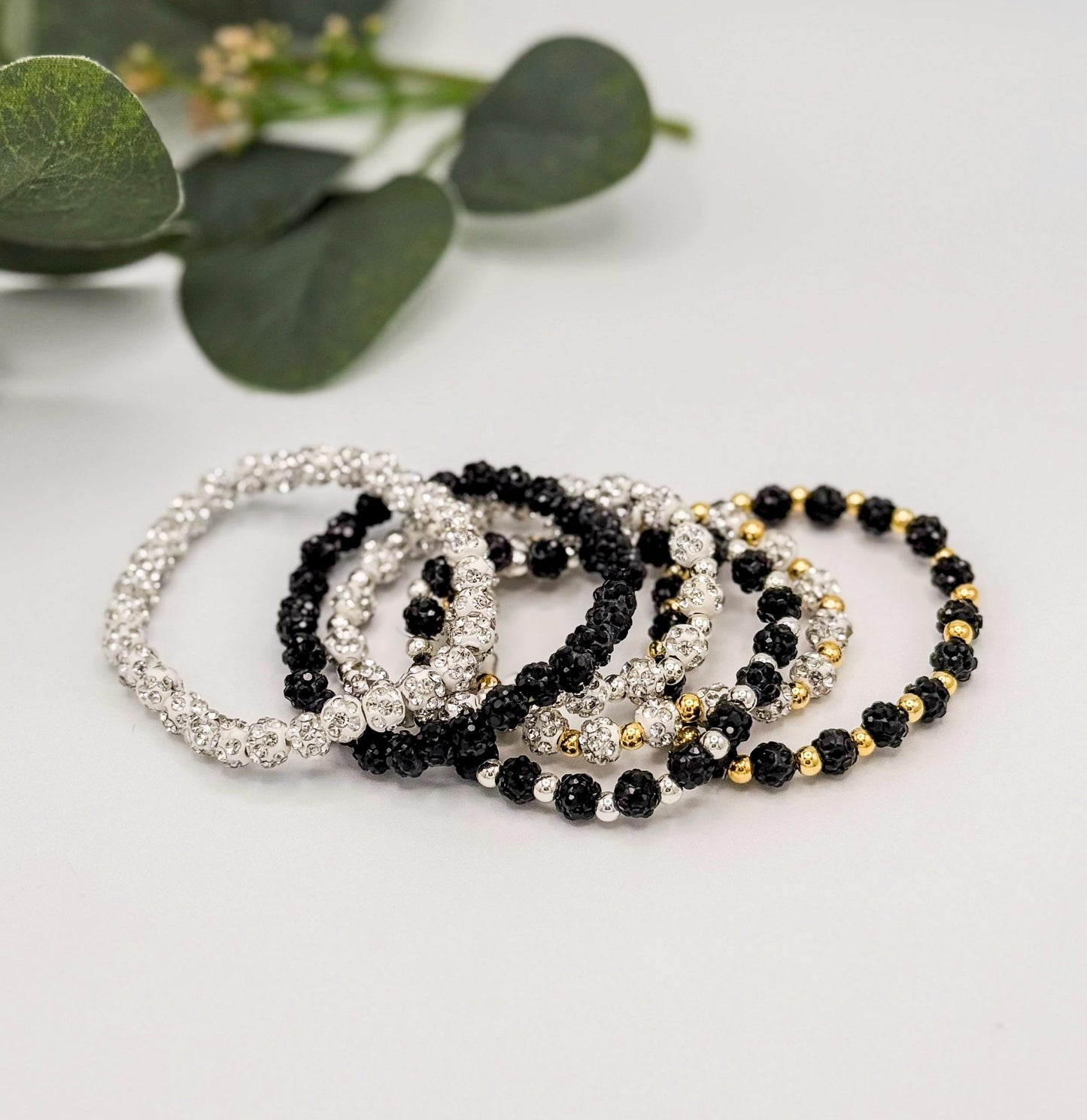 Dainty Shamballa Bead Bracelet - 6mm Bead Size - Various Designs - Gold & Silver Options - Rhinestone Beads - Stretchy, No Clasp Design