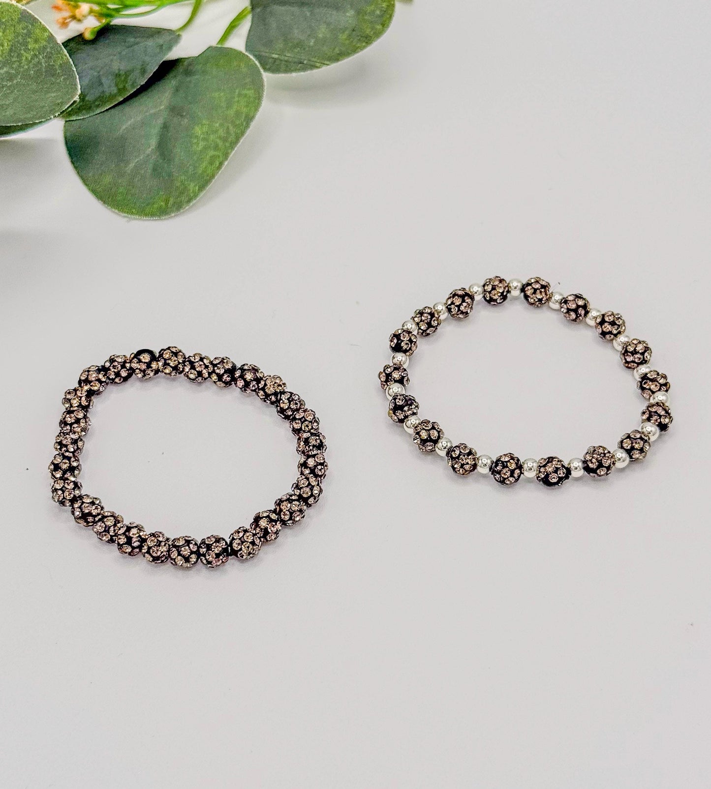Gunmetal Grey: Rhinestone & Silver Beaded Bracelet - 6mm Bead Size - Various Designs - Stretchy, No Clasp Design