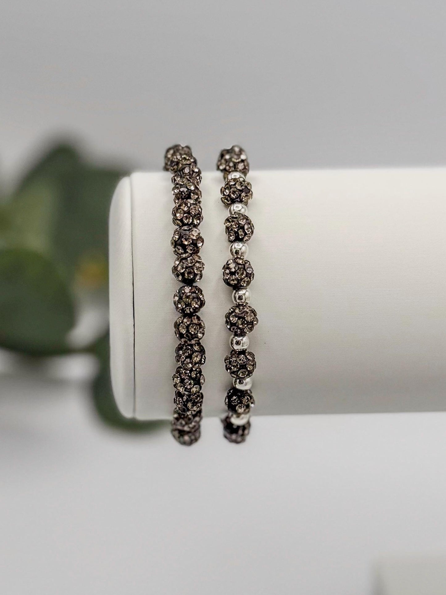 Gunmetal Grey: Rhinestone & Silver Beaded Bracelet - 6mm Bead Size - Various Designs - Stretchy, No Clasp Design