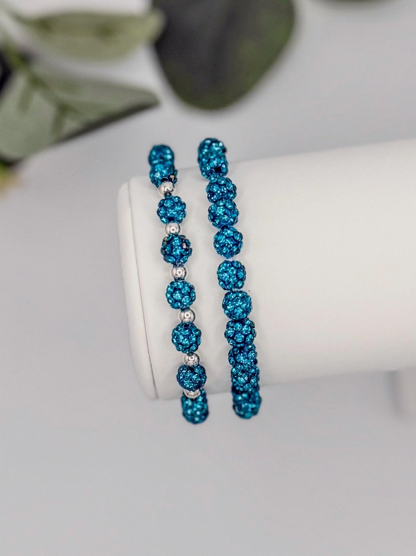 Trendy Teal Sparkly Bracelet: Rhinestones and Silver Spacers - 6mm Bead Size - Various Designs - Stretchy, No Clasp Design