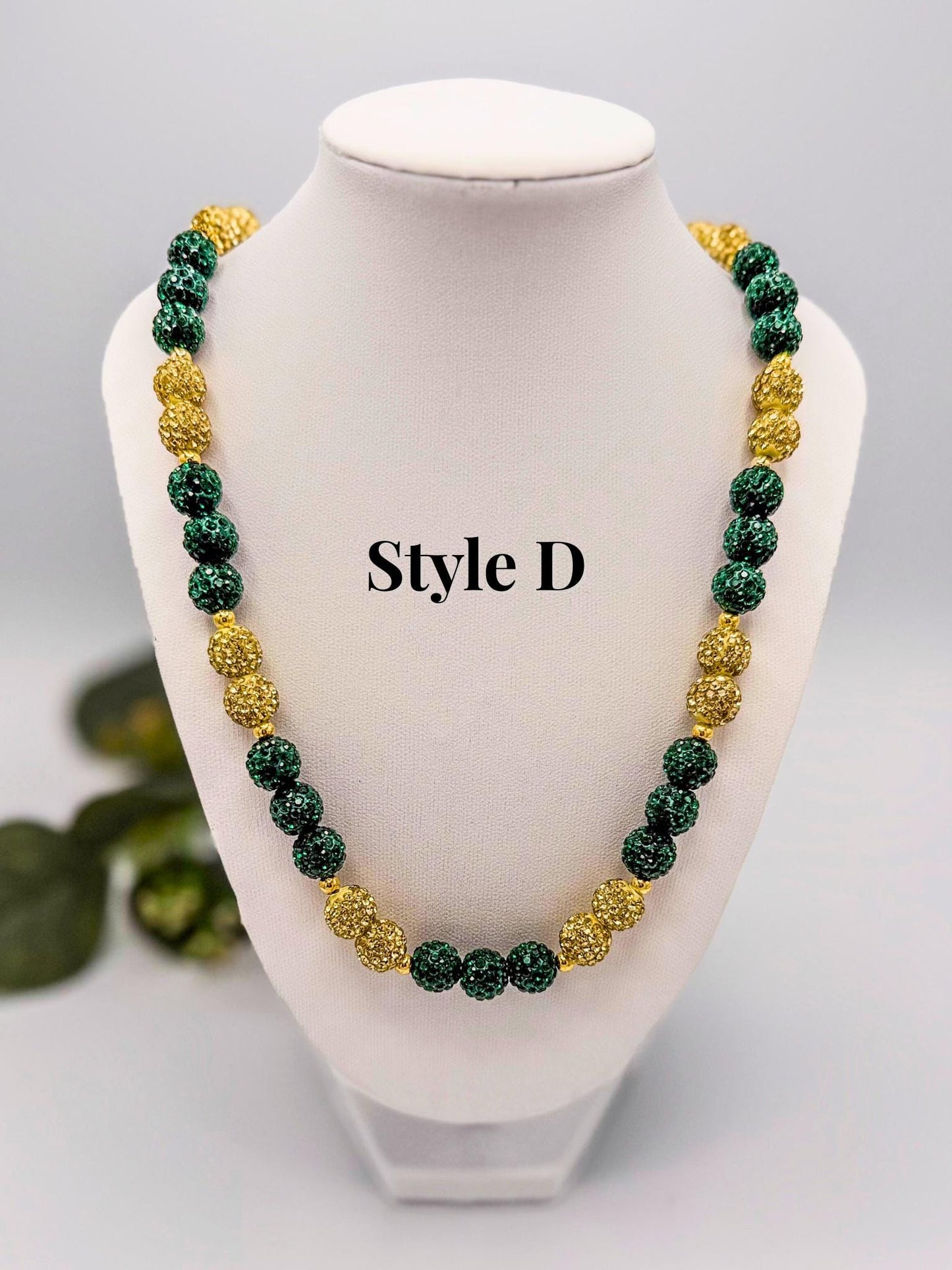 Stretchy no Clasp Design! Dazzling Green & Gold Rhinestone Shamballa Necklaces - Various Styles and Sizes