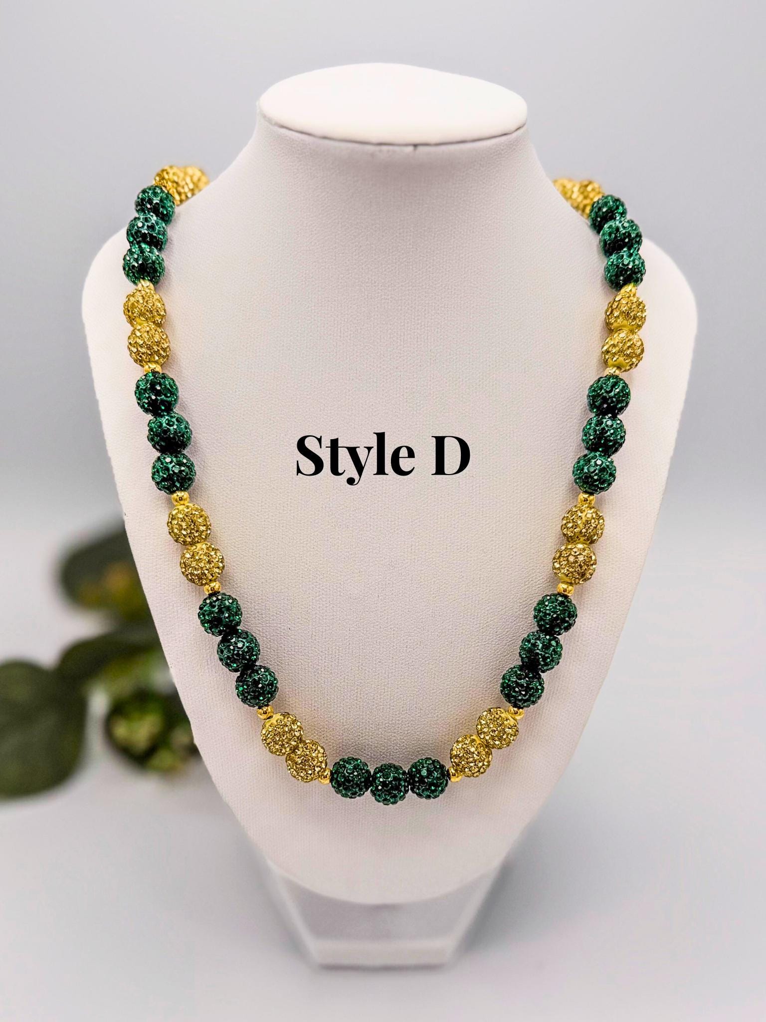 Stretchy no Clasp Design! Dazzling Green & Gold Rhinestone Shamballa Necklaces - Various Styles and Sizes