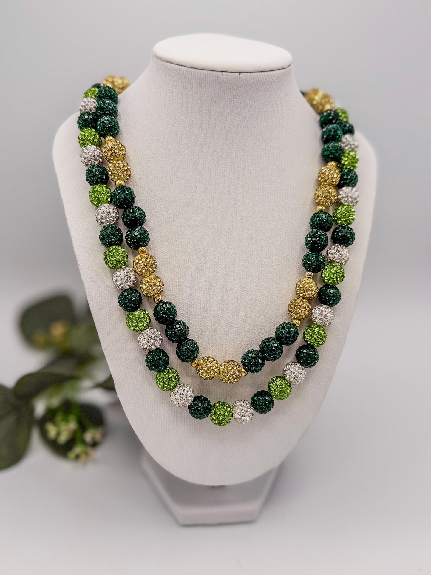 Stretchy no Clasp Design! Dazzling Green & Gold Rhinestone Shamballa Necklaces - Various Styles and Sizes