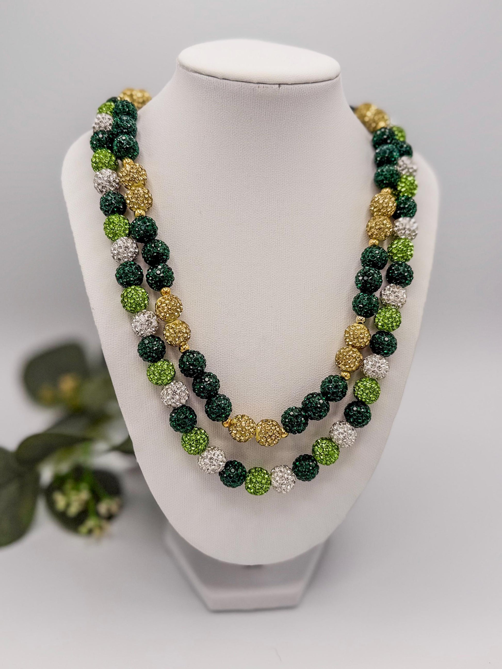 Stretchy no Clasp Design! Dazzling Green & Gold Rhinestone Shamballa Necklaces - Various Styles and Sizes