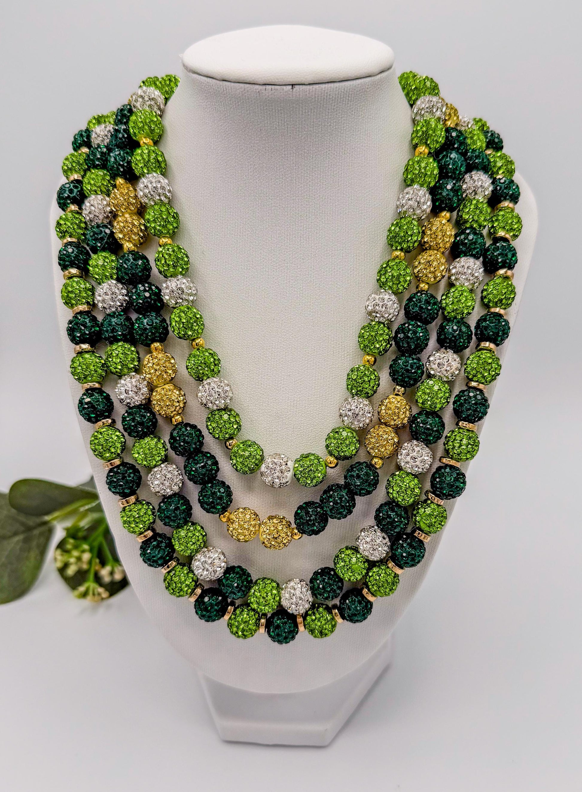 Stretchy no Clasp Design! Dazzling Green & Gold Rhinestone Shamballa Necklaces - Various Styles and Sizes