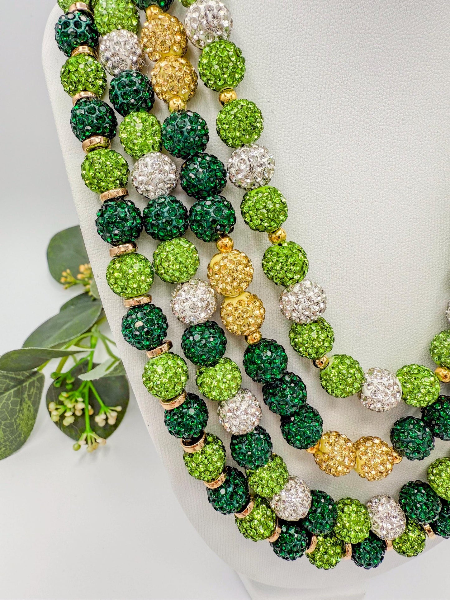 Stretchy no Clasp Design! Dazzling Green & Gold Rhinestone Shamballa Necklaces - Various Styles and Sizes
