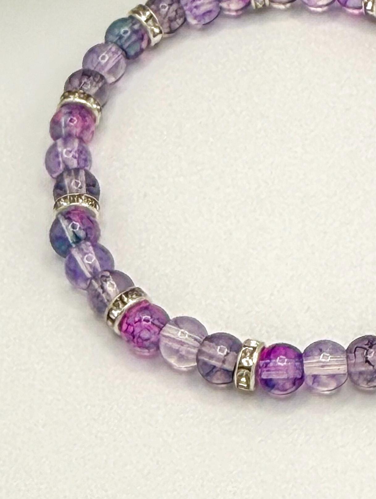 Artistic Watercolor Bracelets with Crystal Elegance- Various Colors- 6mm Glass Beads and Silver Spacers - Stretchy, No Clasp Design