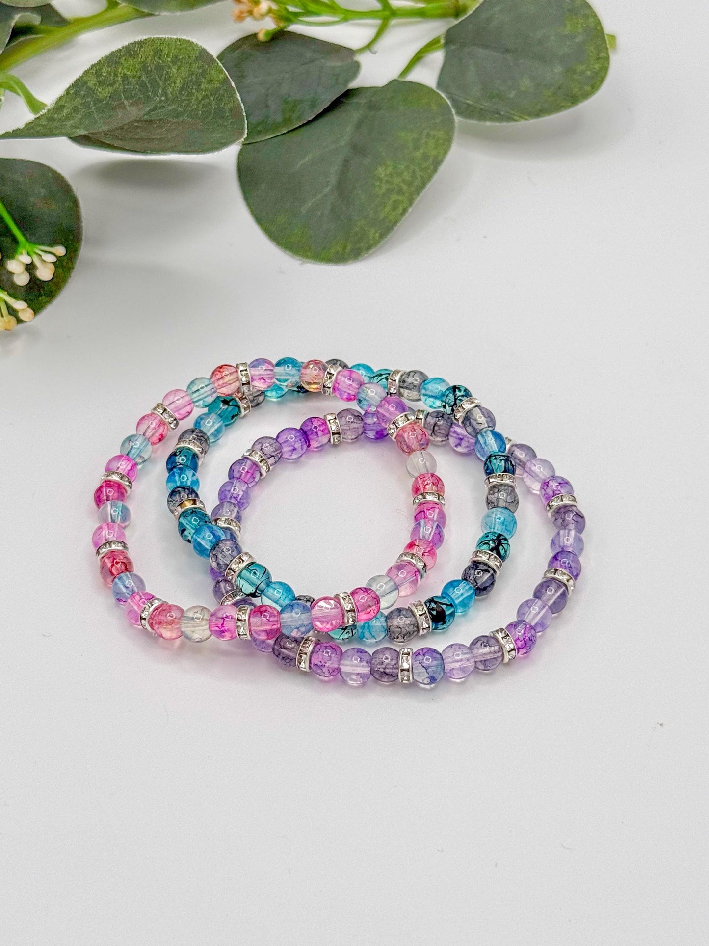 Artistic Watercolor Bracelets with Crystal Elegance- Various Colors- 6mm Glass Beads and Silver Spacers - Stretchy, No Clasp Design
