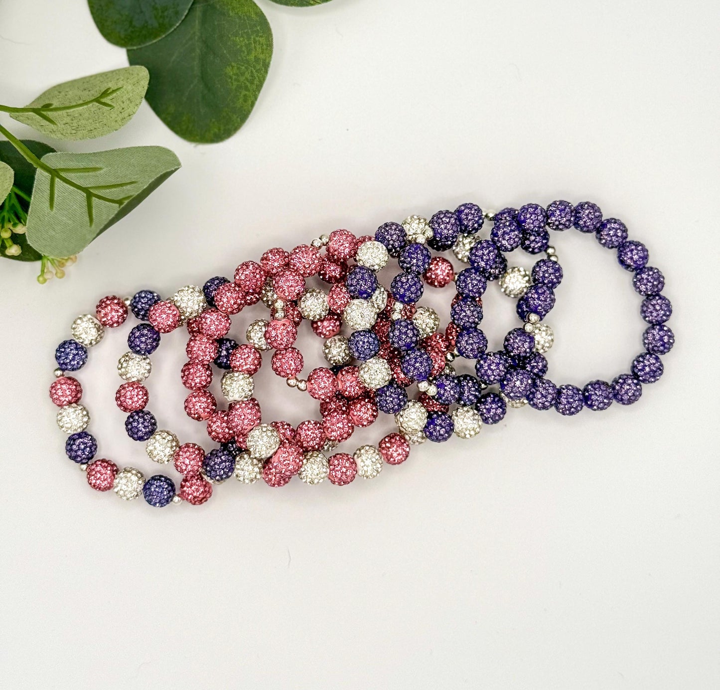 Spring Shine: Unique Rhinestone Beaded Bracelets- Pink Purple White - Stretchy, No Clasp Design