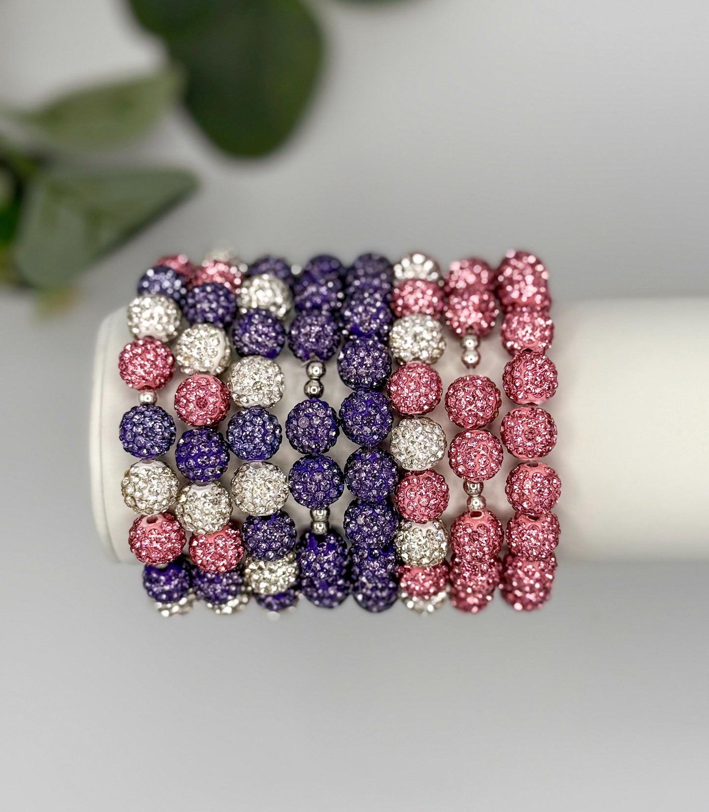 Spring Shine: Unique Rhinestone Beaded Bracelets- Pink Purple White - Stretchy, No Clasp Design