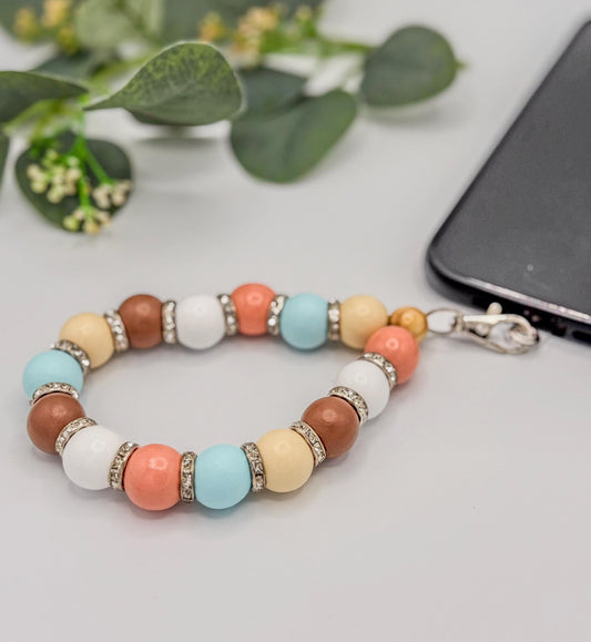 Stretchy Natural Pastel Wooden Beads: Phone and Key Wristlet - Spring