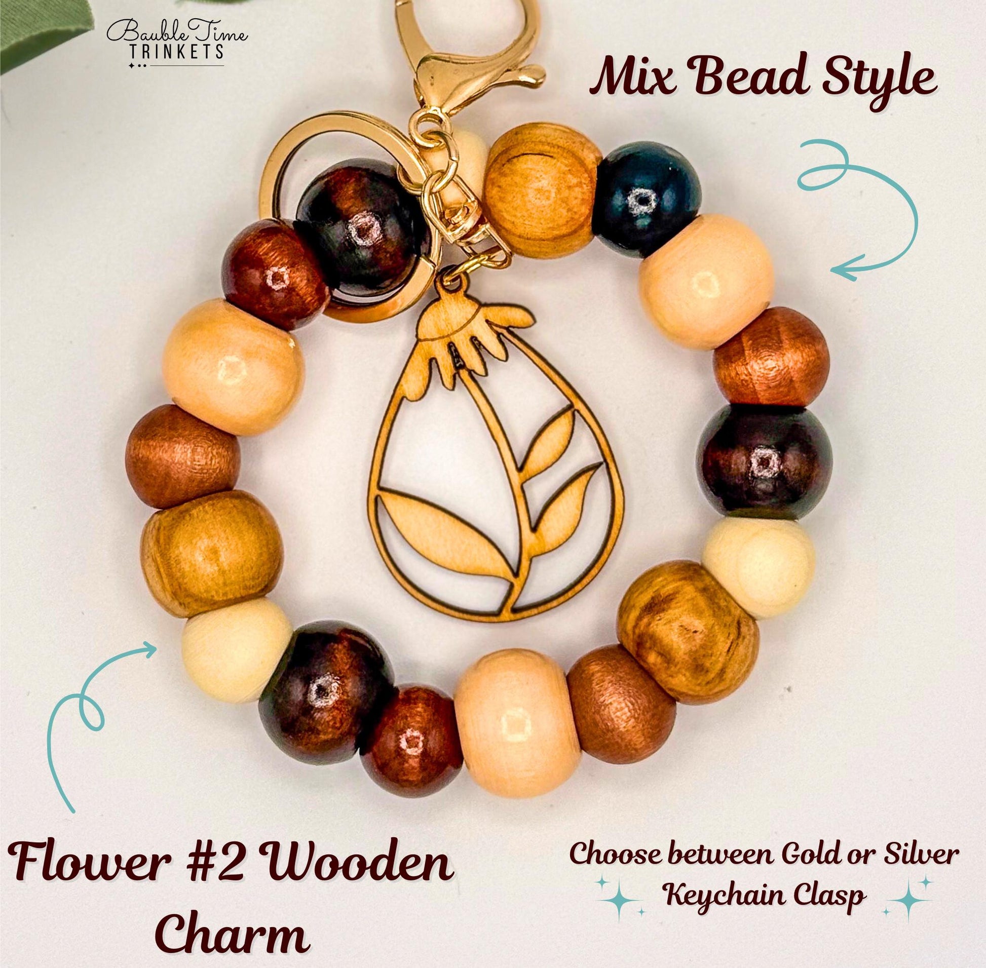 Flower Wood Bead Wristlet Keychain