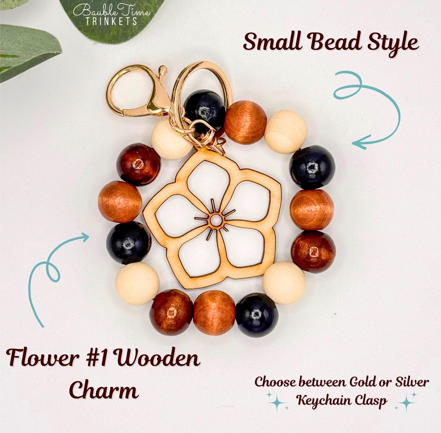 Flower Wood Bead Wristlet Keychain