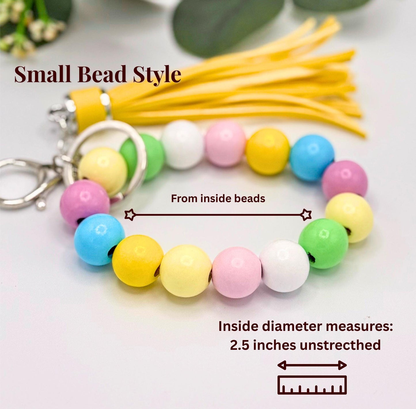 Stretchy Keychain Wristlets - Wood Beads - Spring Easter Pastel - Leather Tassel - Bag Charms - Lobster Clasp & Key Ring