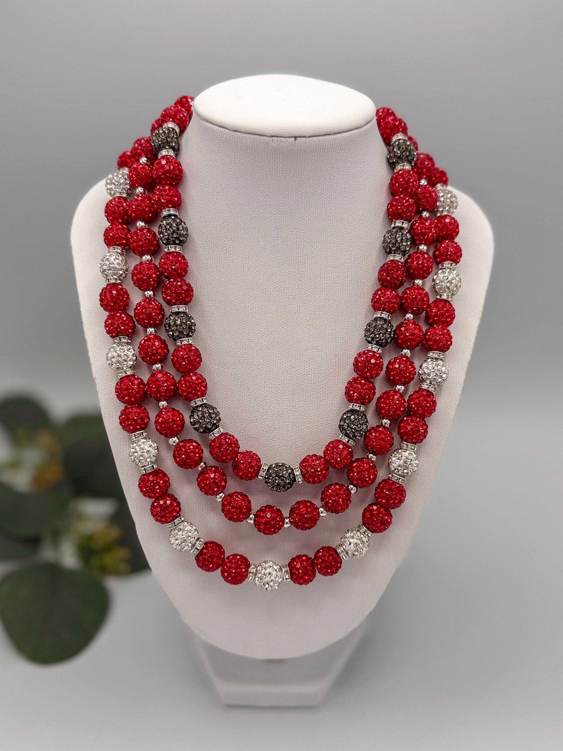 Stretchy no Clasp Design! Dazzling Shamballa Beaded Necklaces: Sparkly Red & Silver
