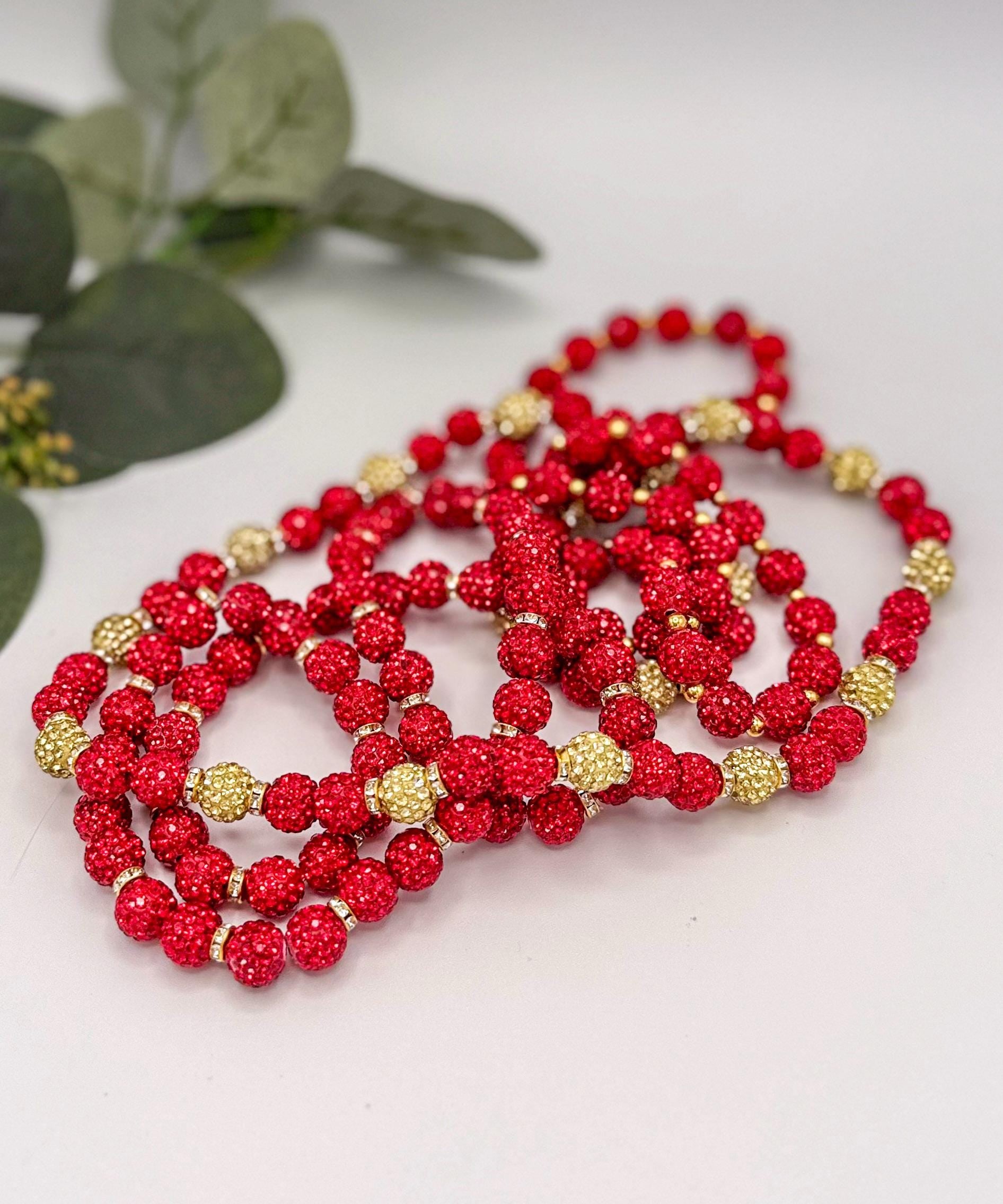 Stretchy no Clasp Design! Dazzling Shamballa Beaded Necklaces: Sparkly Red & Gold