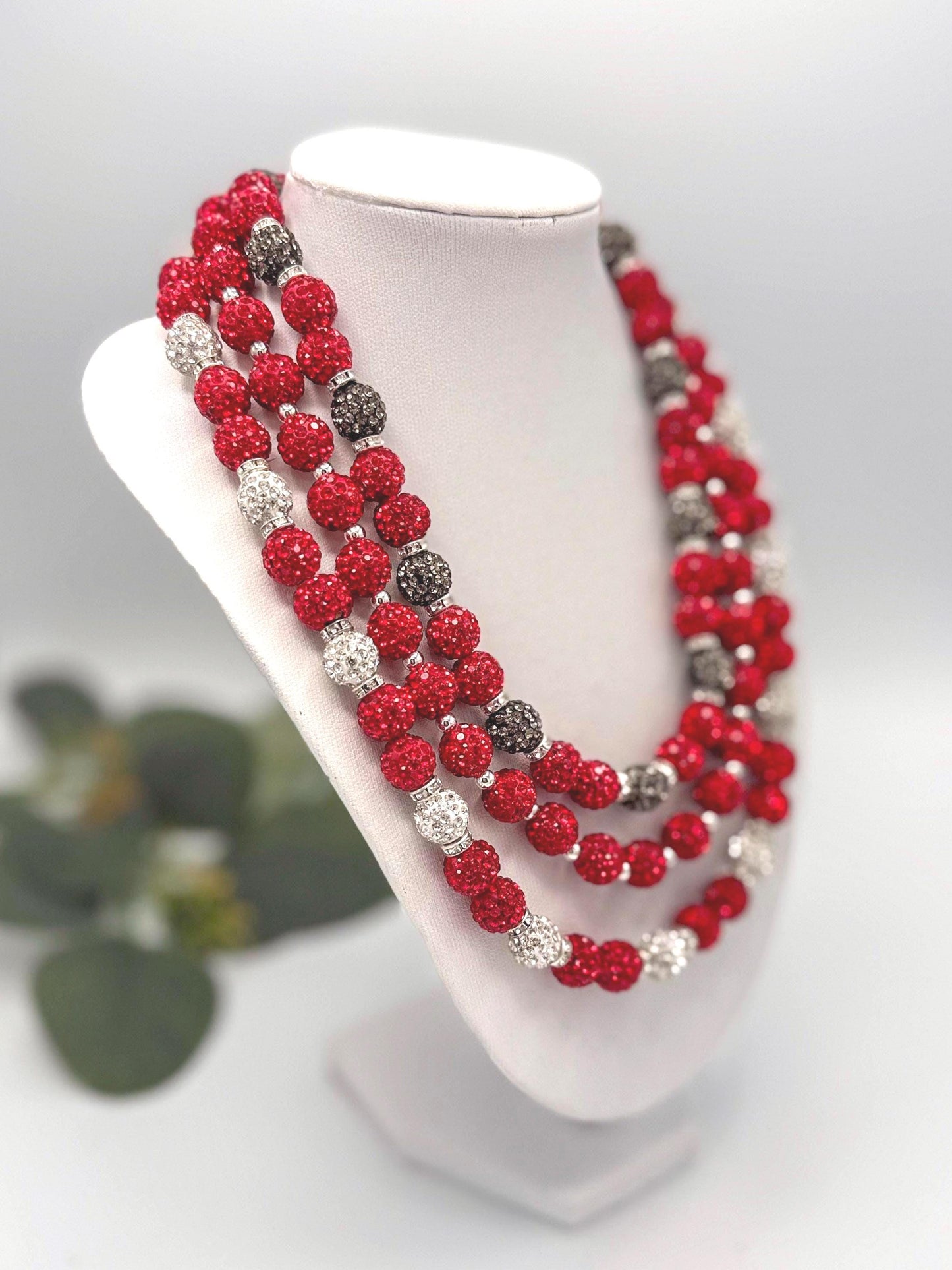 Stretchy no Clasp Design! Dazzling Shamballa Beaded Necklaces: Sparkly Red & Silver