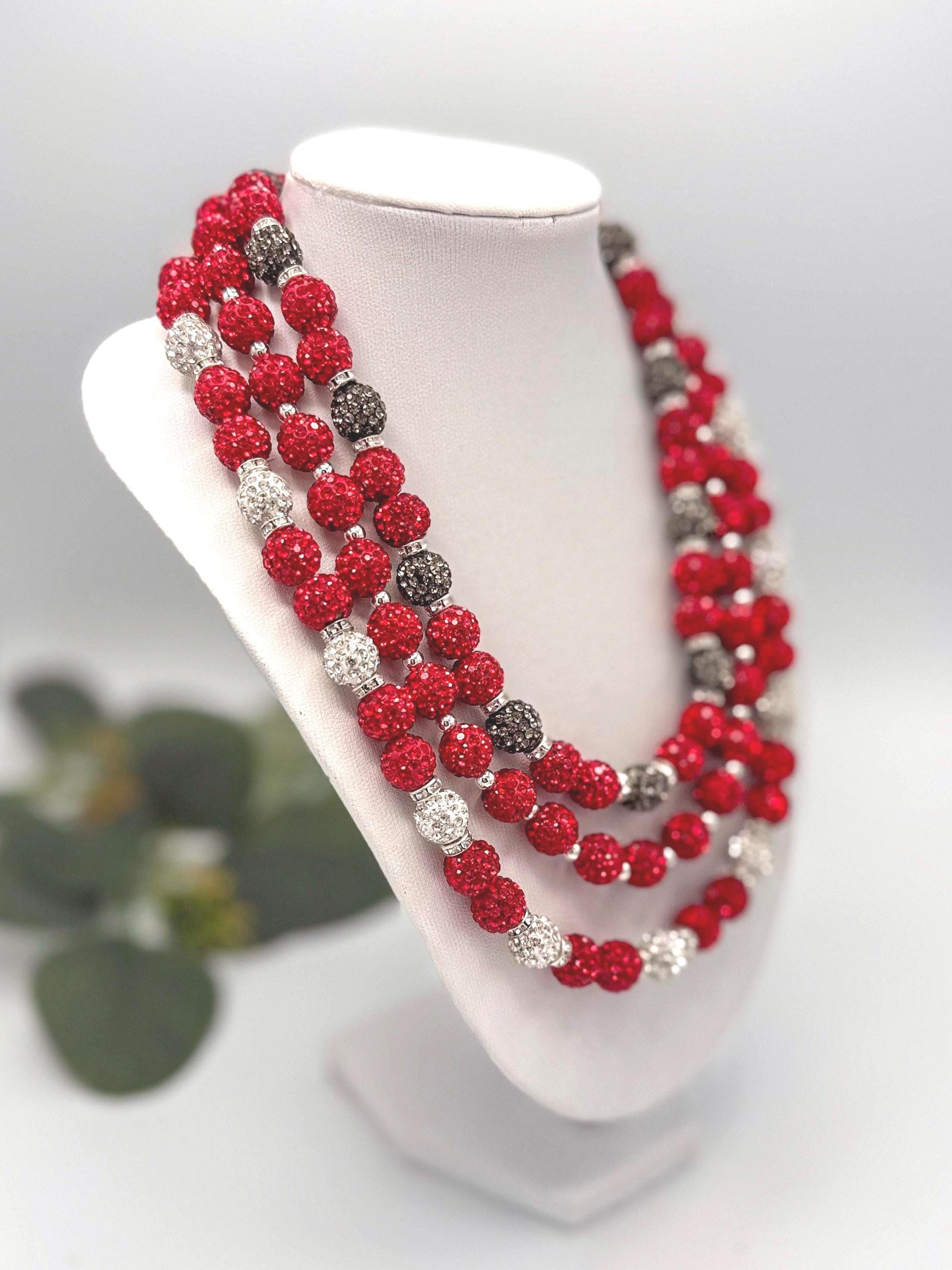 Stretchy no Clasp Design! Dazzling Shamballa Beaded Necklaces: Sparkly Red & Silver
