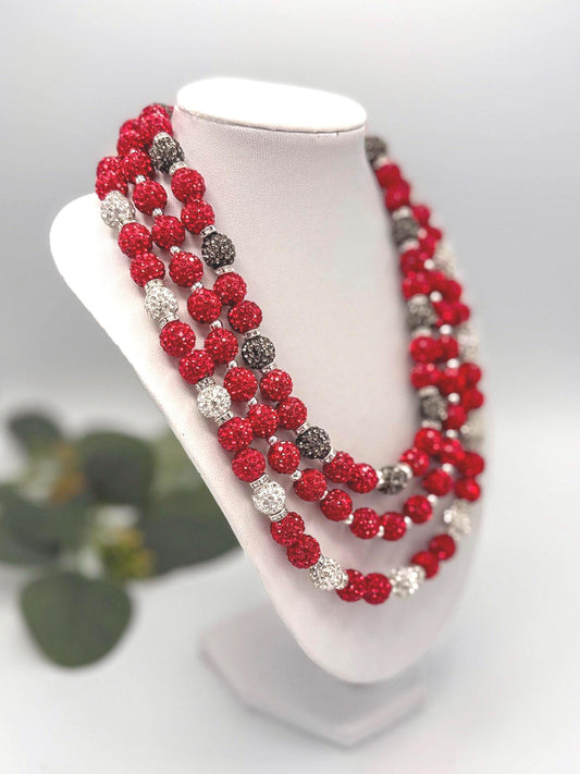Stretchy no Clasp Design! Dazzling Shamballa Beaded Necklaces: Sparkly Red & Silver