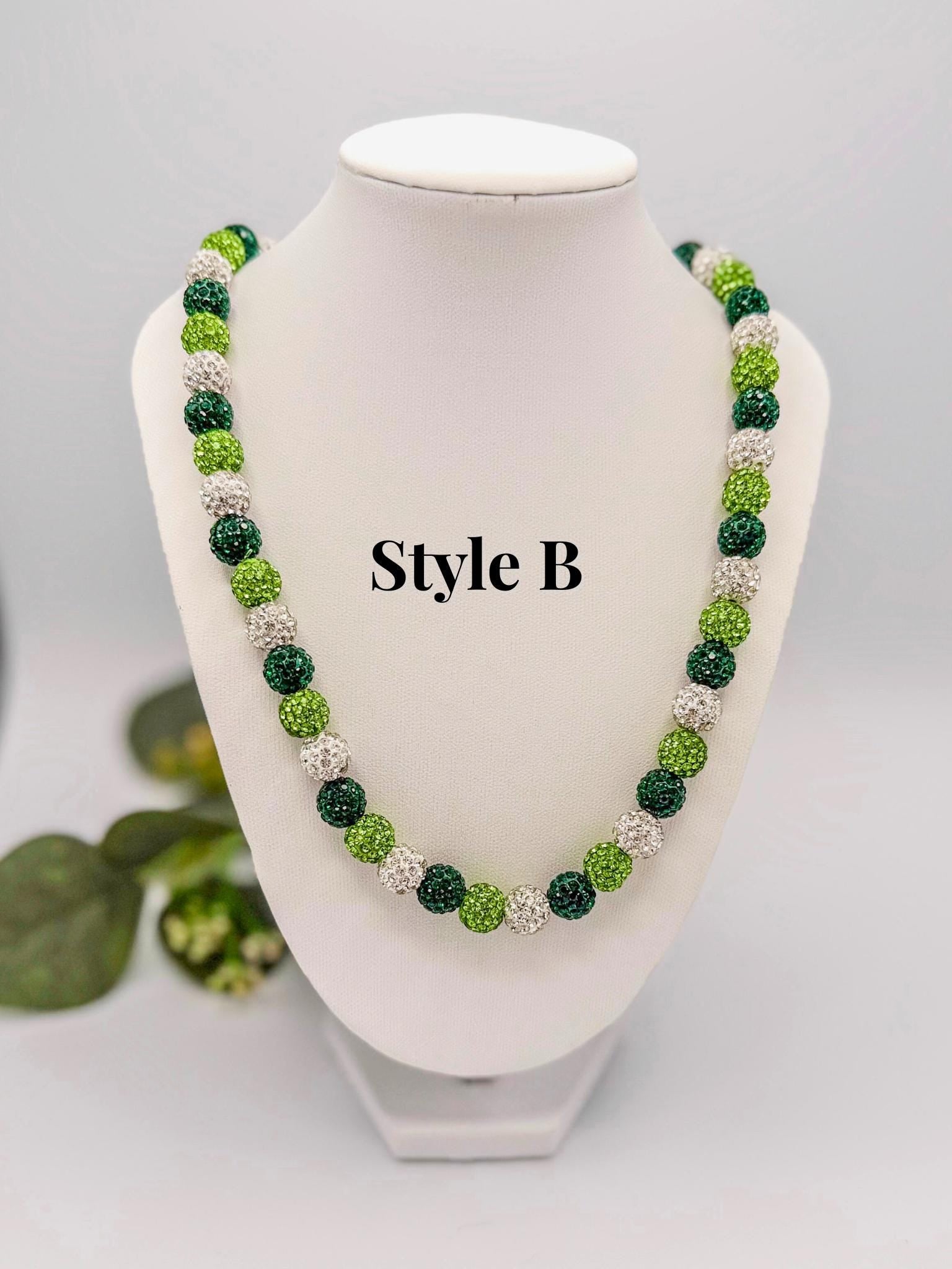 Stretchy no Clasp Design! Dazzling Green & Gold Rhinestone Shamballa Necklaces - Various Styles and Sizes