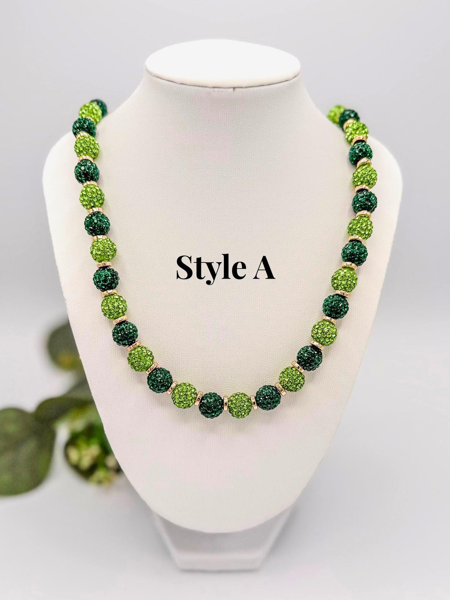 Stretchy no Clasp Design! Dazzling Green & Gold Rhinestone Shamballa Necklaces - Various Styles and Sizes